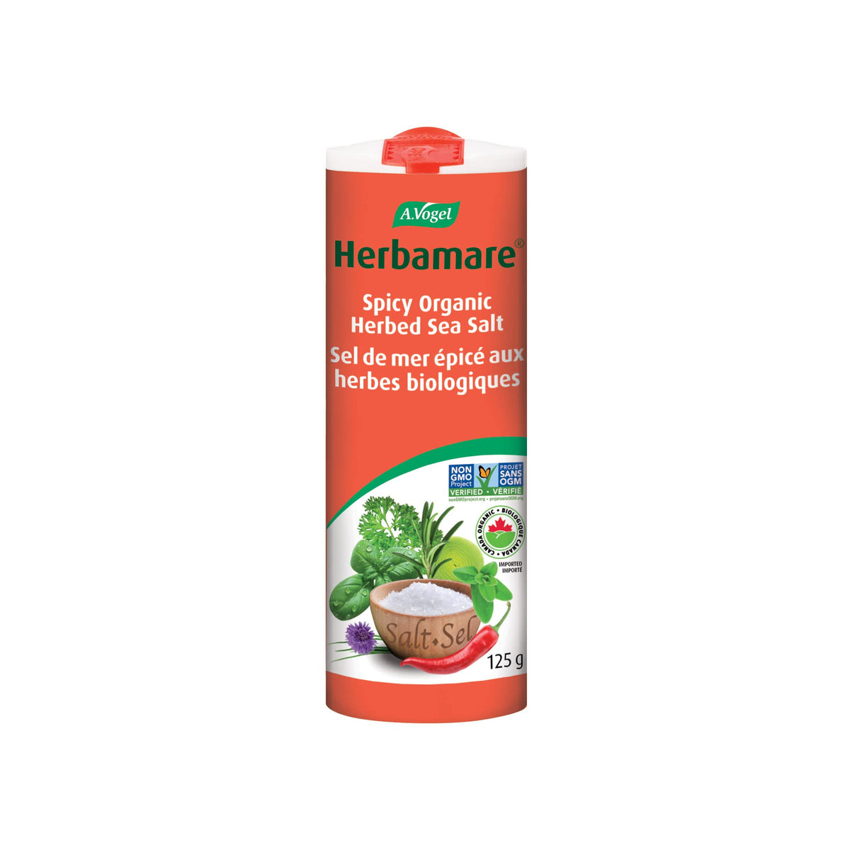 A.Vogel Herbamare Spicy - Herbed Sea Salt Infused with Fresh Organic Herbs and Vegetables - 1/3 Less Salt - Non-GMO Project Certified - MSG and Gluten Free - Vegetarian and Vegan - 125 G