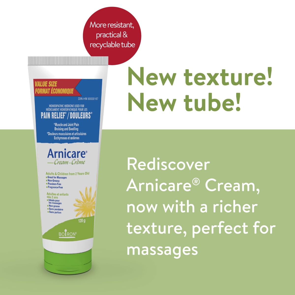 Boiron Arnicare Cream 120g, for the relief of muscle and joint pain. Eases resorption of bruises, contusions, and infl ammatory oedema caused by falls, blows, blunt injury or surgery. Adults and children from 2 years old.