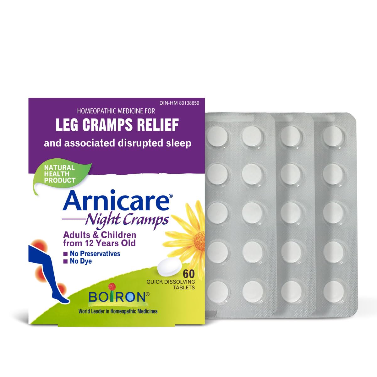 Boiron Arnicare Night Cramps Homeopathic Medicine for Temporary Relief of Cramps and Spasms in Legs, Calves, Feet, Hands and Associated Disrupted Sleep, Quick Dissolving Tablets, 60quick dissolving tablets