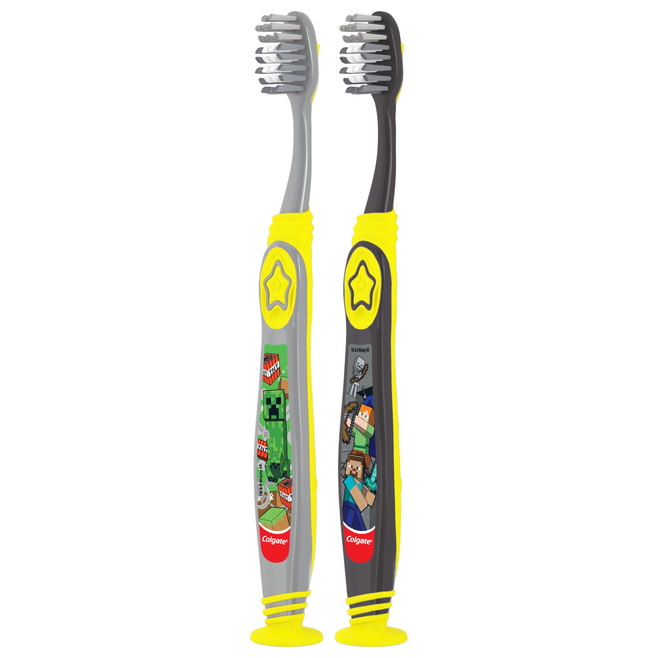 Colgate Kids Full Size Toothbrush (2 Pack) with Extra Soft Bristles, Cheek and Tongue Scraper, Minecraft Design, Suction Cup Base - Gentle for Children, Kids Toothbrush for Oral Care