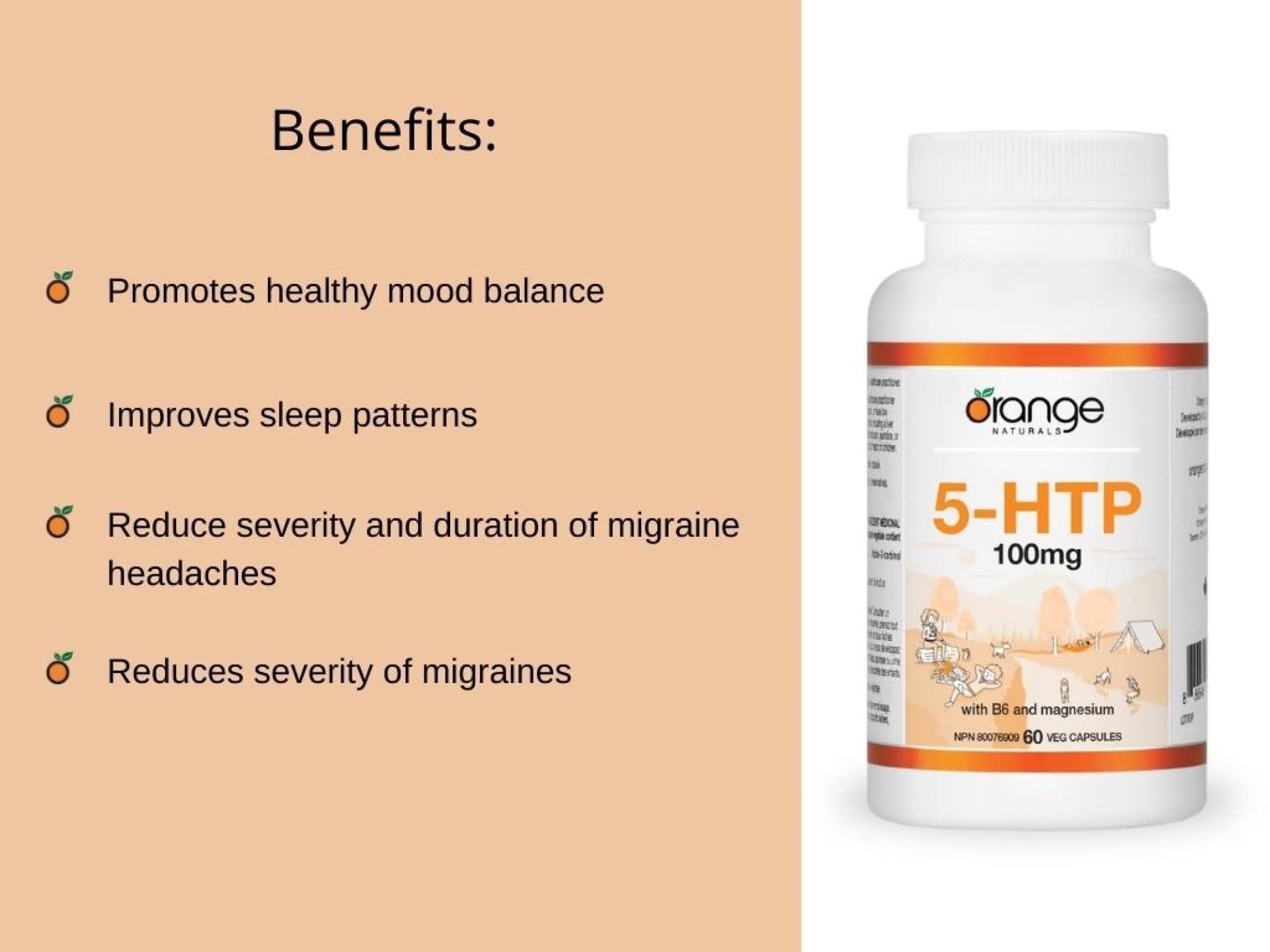 Orange Naturals - 5-HTP with Vitamin B6 & Magnesium 100mg 60 Capsules - Migraine Headache Relief, Mood Support, Relaxation and Sleep Support Supplement