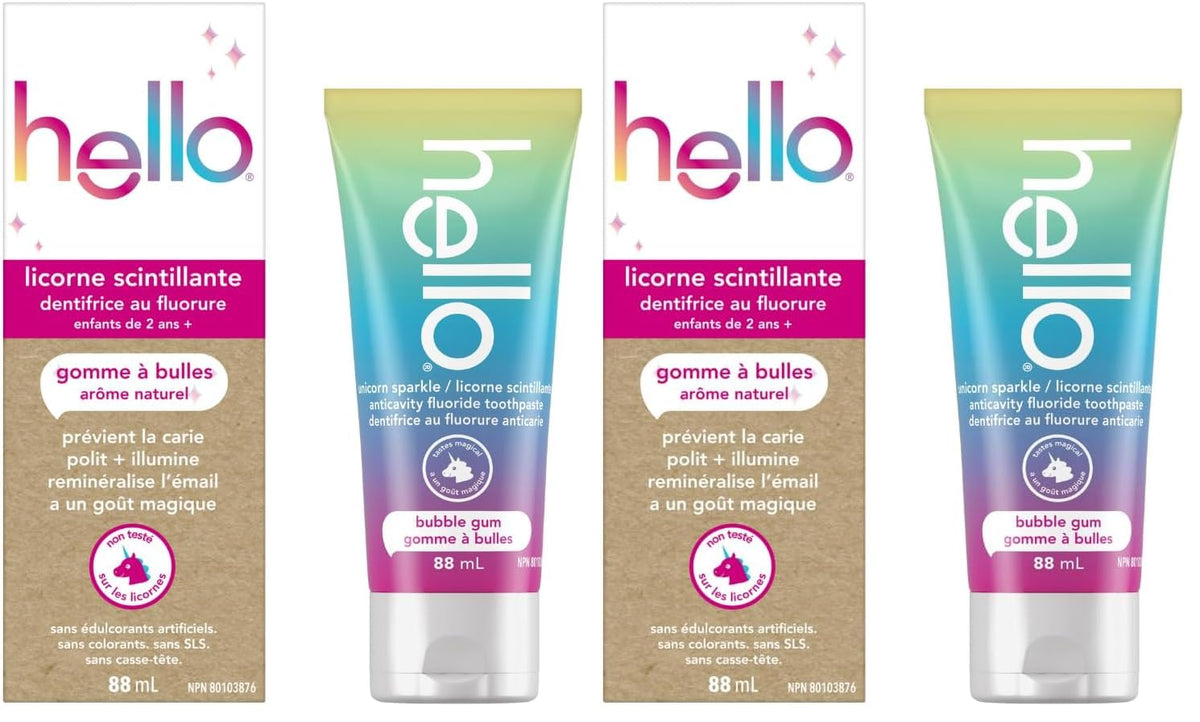 hello Kids Fluoride Toothpaste, Vegan and Sls Free, Unicorn Sparkle, Natural Bubble Gum, 88 mL (Pack of 2)