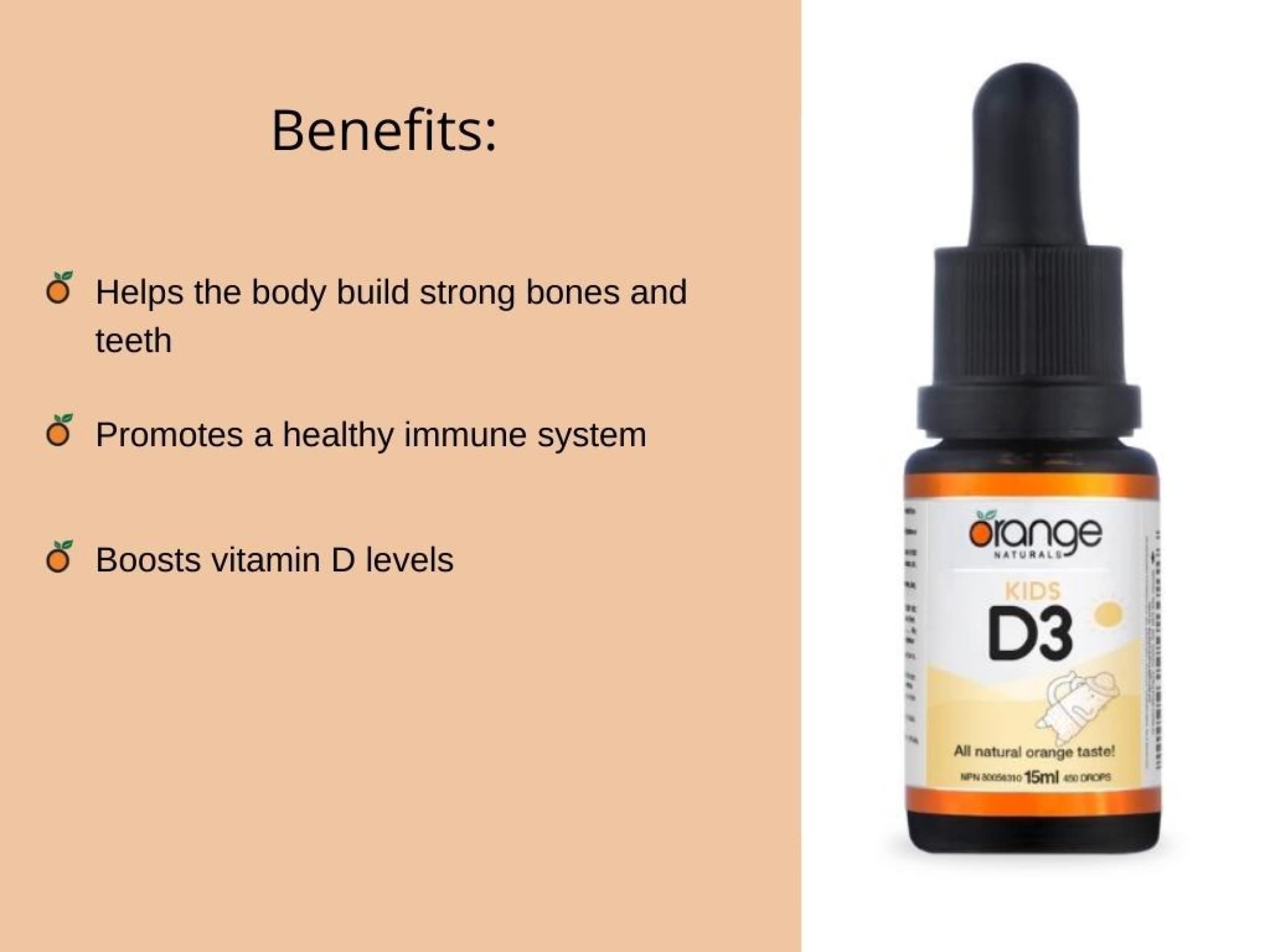 Orange Naturals - Kids Vitamin D3 Drops 400IU Liquid, 15ml 450-Servings - Natural Orange Flavour - Cholecalciferol Vitamin D3 Liquid Drops for Kids - Bone Health, Teeth Health & Immune System Support