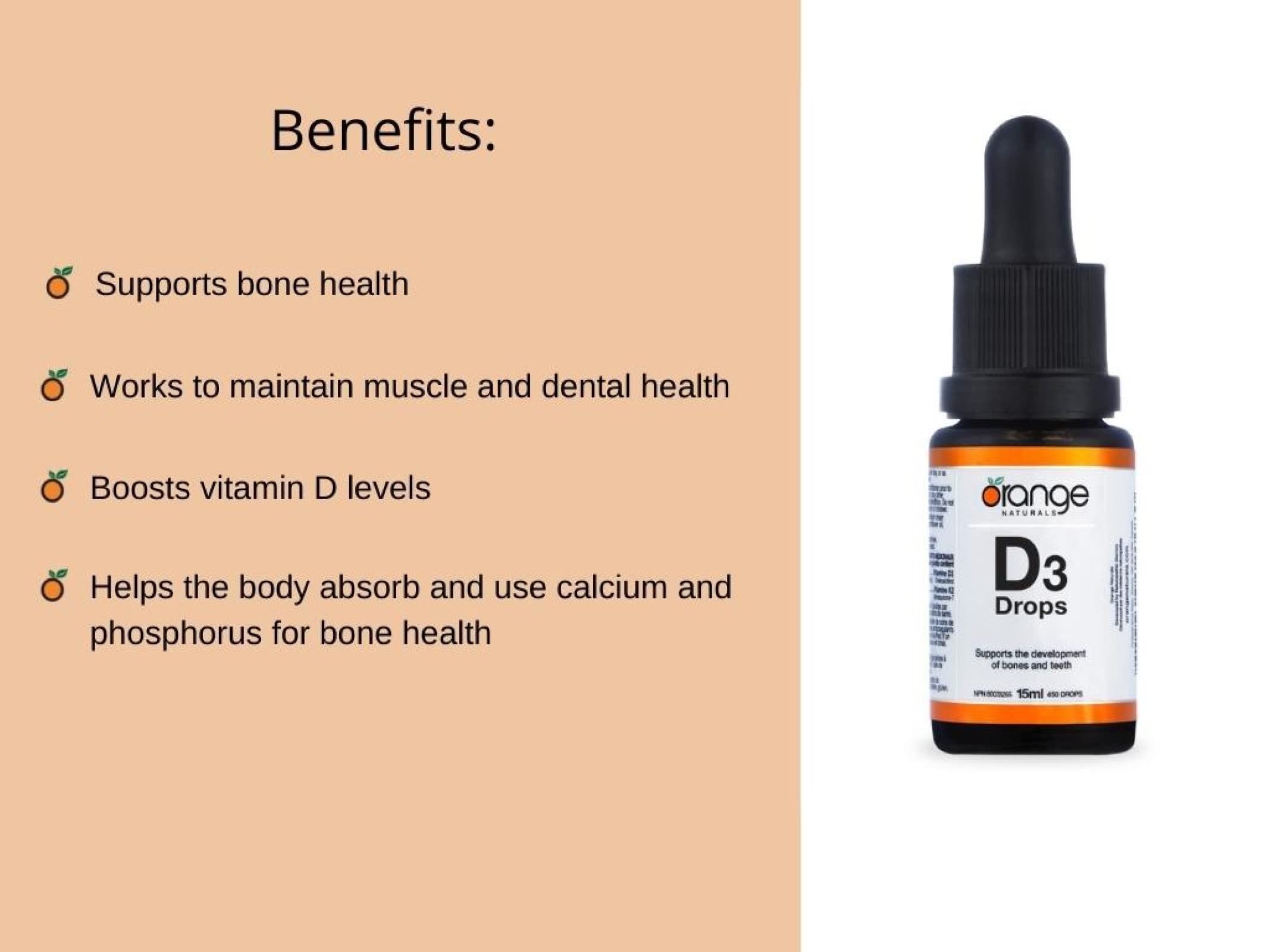 Orange Naturals Vitamin D3 Drops 1000IU 15ml, Natural Orange Flavour with MCT Base, 450 Servings, Daily Vitamin D Supplement for Strong Bone, Healthy Teeth & Active Living, Easy-to-Take Liquid Formula