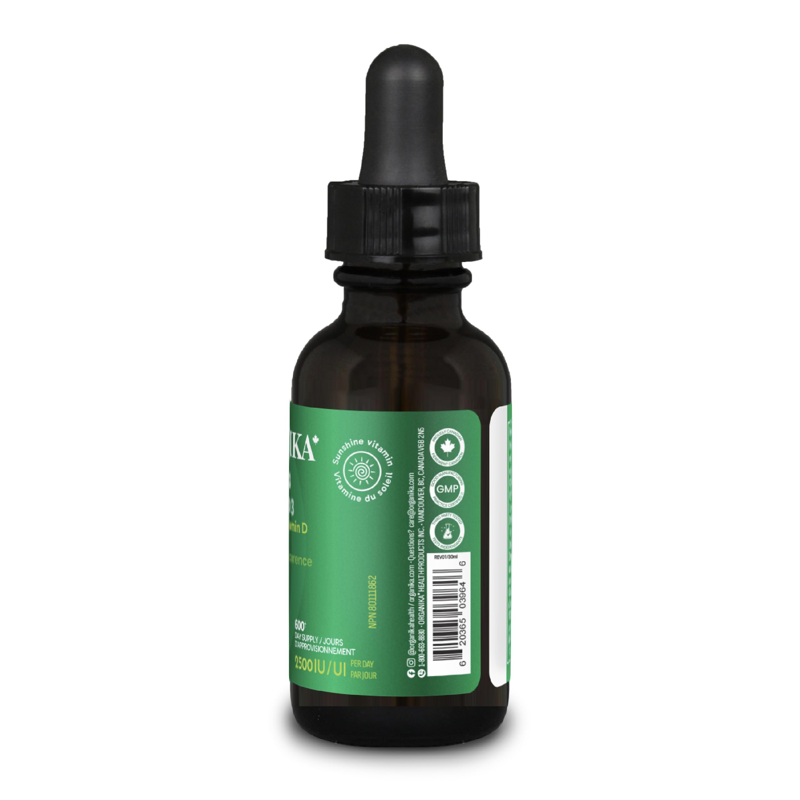 Organika Canadian-Made Vitamin D3 Liquid 2500IU- Olive Oil Base, Immune System Support- 30ml
