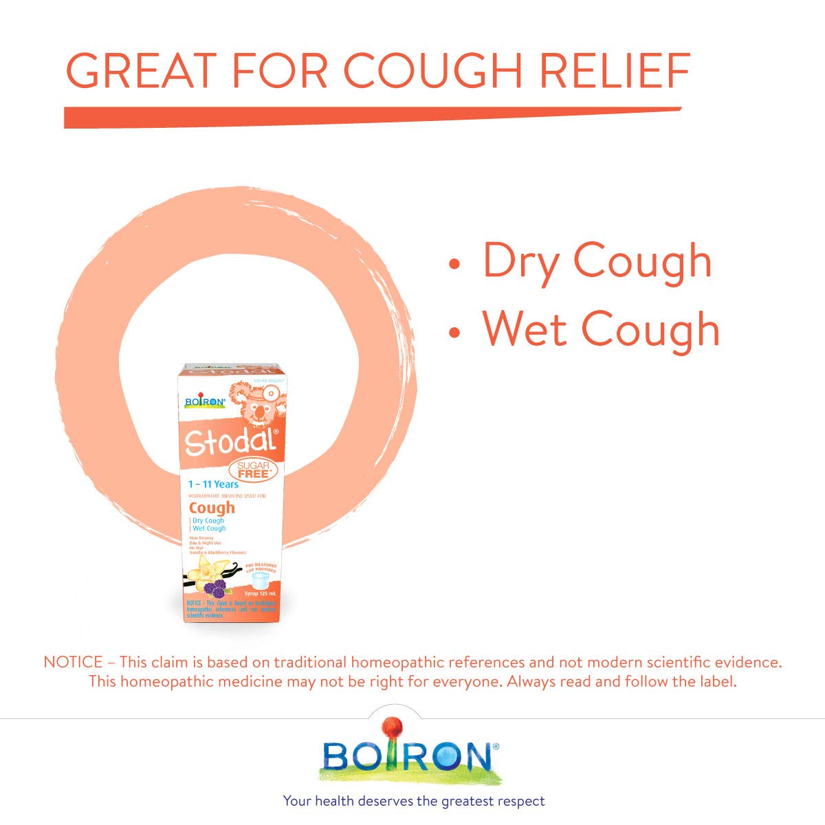 Boiron Stodal Children's Sugar-Free, 125ml, Vanilla & Blackberry Flavours, Homeopathic Medicine for Dry & Wet Cough
