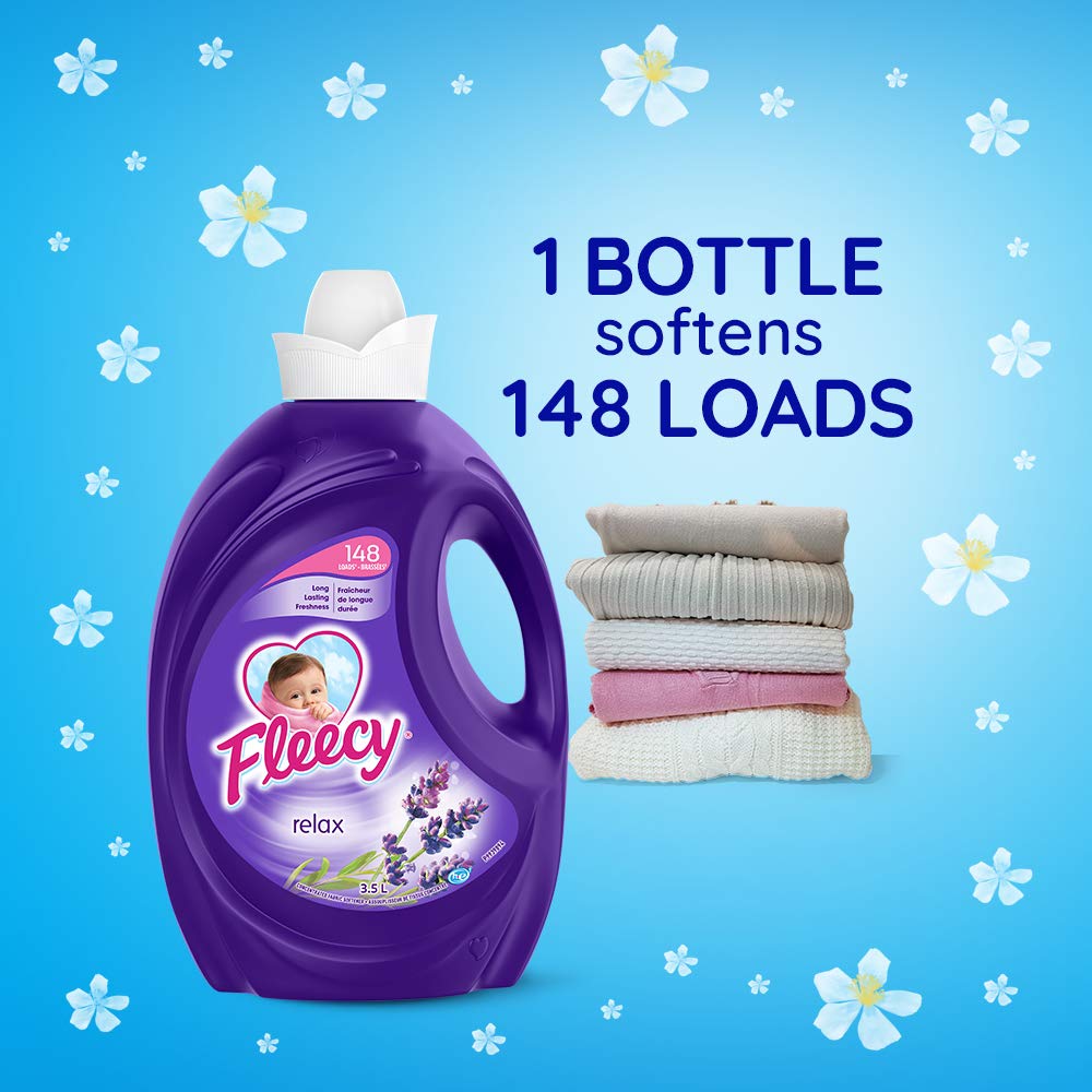 Fleecy Relax Fabric Softener - Liquid Fabric Softener for Extra Soft, Extra Care, Lasts for Days, Easy to Use -, Anti Static & Soothing Natural Laundry Softener - 148 Loads - 3.5 Liter