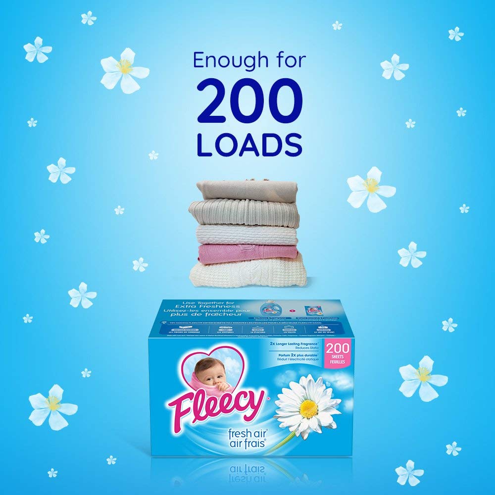 Fleecy Fabric Softener Dryer Sheets - For Irresistibly Soft & Static-Free Clothes | Paraben & Phosphate Free | Softener for Laundry | (Fresh Air) 200 Sheets