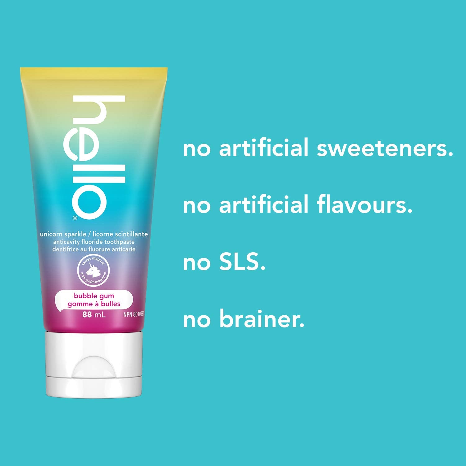 hello Kids Fluoride Toothpaste, Vegan and Sls Free, Unicorn Sparkle, Natural Bubble Gum, 88 mL (Pack of 2)