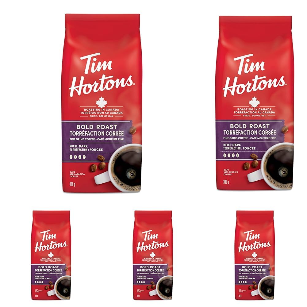 Tim Hortons Bold Roast, Fine Grind Coffee, Dark Roast, 300g Bag (Pack of 5)