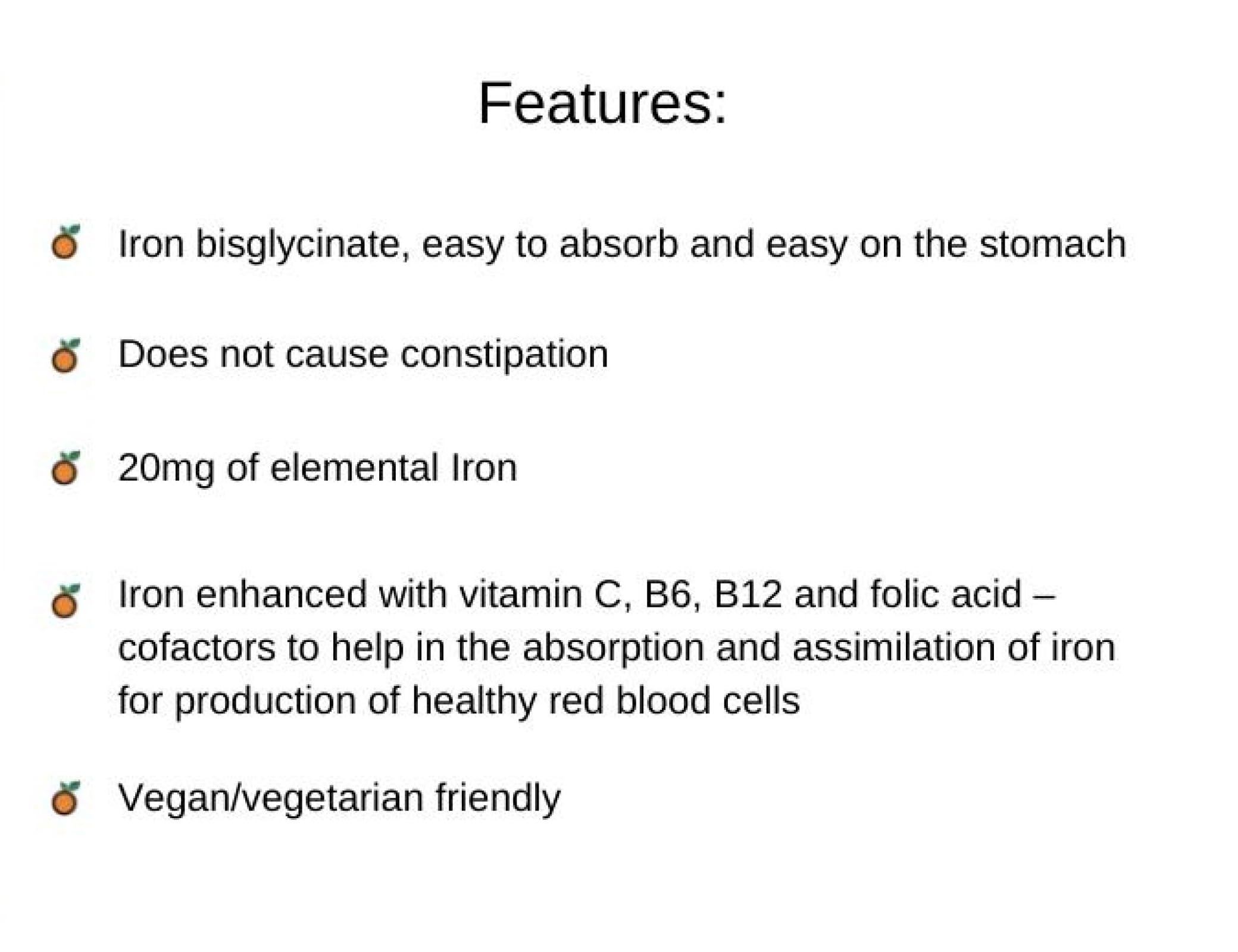 Orange Naturals Iron Complex, 60 Veg Capsules, 60-Day Supply - Vegan, Non-GMO, Soy & Gluten-Free - Gentle Iron Bisglycinate with Vitamin C, B6, B12 & Folic Acid, Easy-to-Digest Iron Supplement