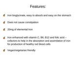 Orange Naturals Iron Complex, 60 Veg Capsules, 60-Day Supply - Vegan, Non-GMO, Soy & Gluten-Free - Gentle Iron Bisglycinate with Vitamin C, B6, B12 & Folic Acid, Easy-to-Digest Iron Supplement
