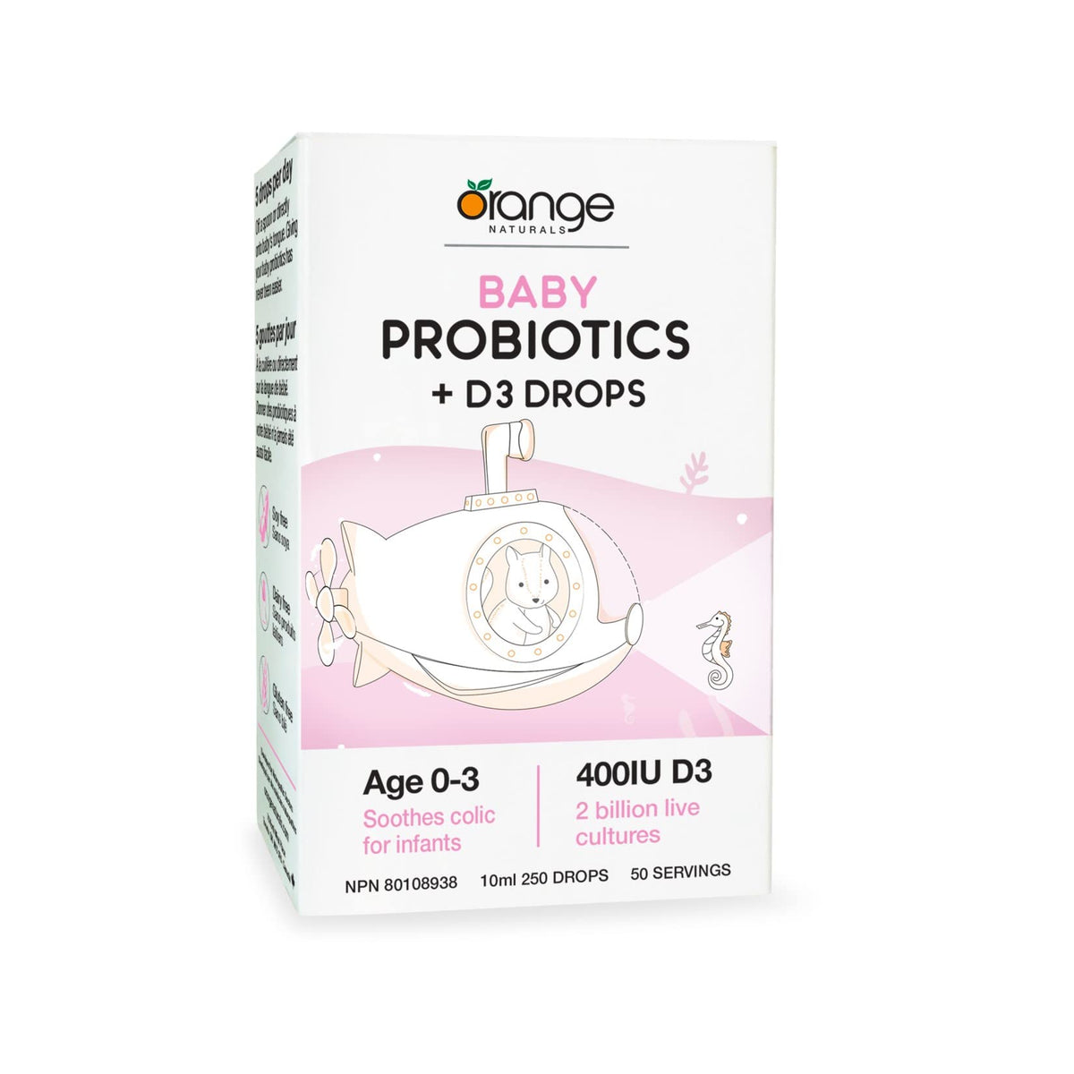 Orange Naturals - Baby Probiotics + D3 Drops 10 ml 50-Servings - Reduce Symptoms of Colic and Support Immunity - Upset Stomach Relief, Bone and Baby Teeth Health 400IU D3