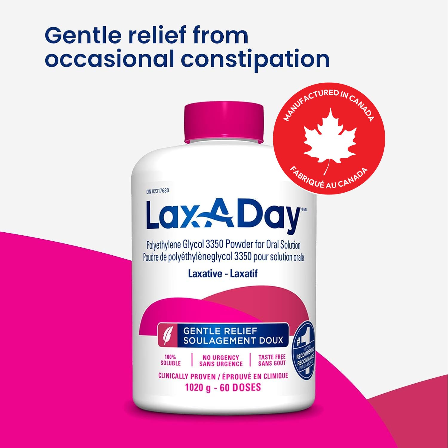 LAX-A-Day Powder Laxative - No Taste, No Grit, No Sugar - Clinically Proven Relief of Occasional Constipation (60 Doses, 1020g)