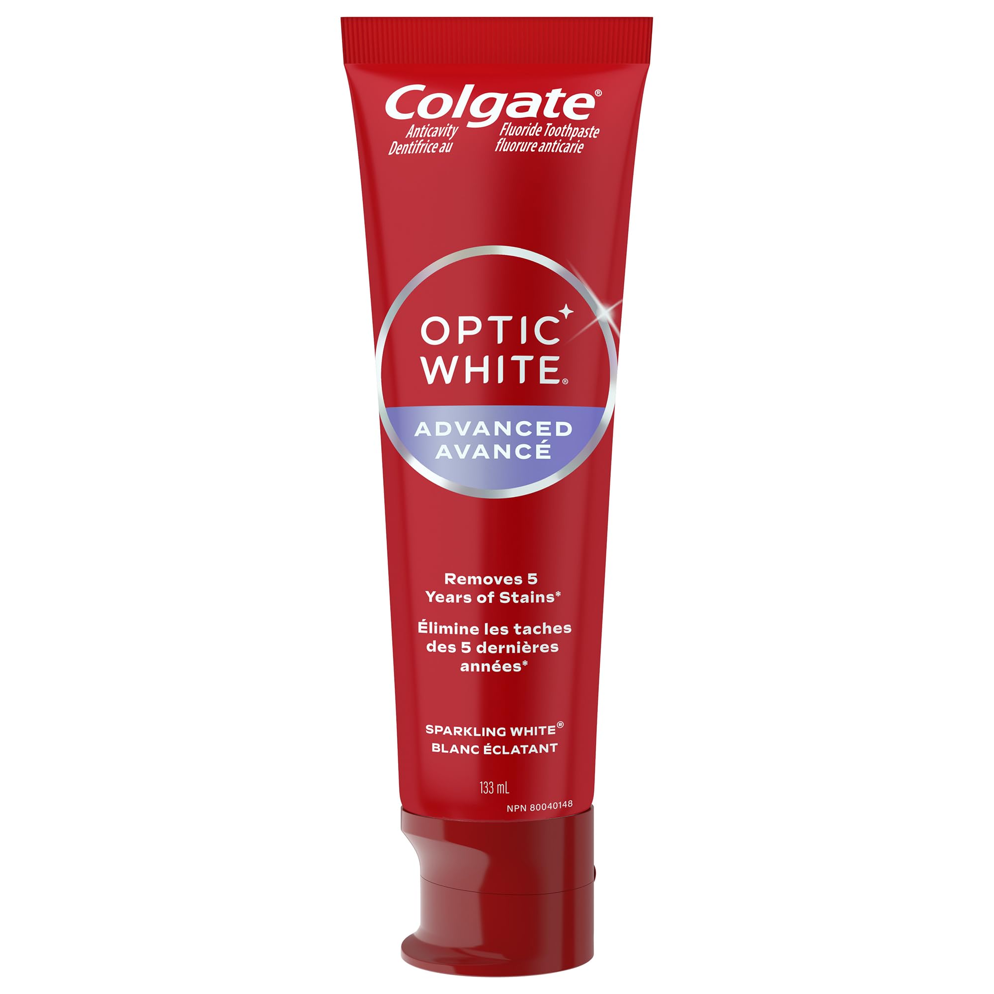 Colgate Optic White Advanced Sparkling White Toothpaste with 2% Hydrogen Peroxide and Fluoride, Teeth Whitening Toothpaste, Deep-Set Stain Remover, Mint Flavour, 133 mL