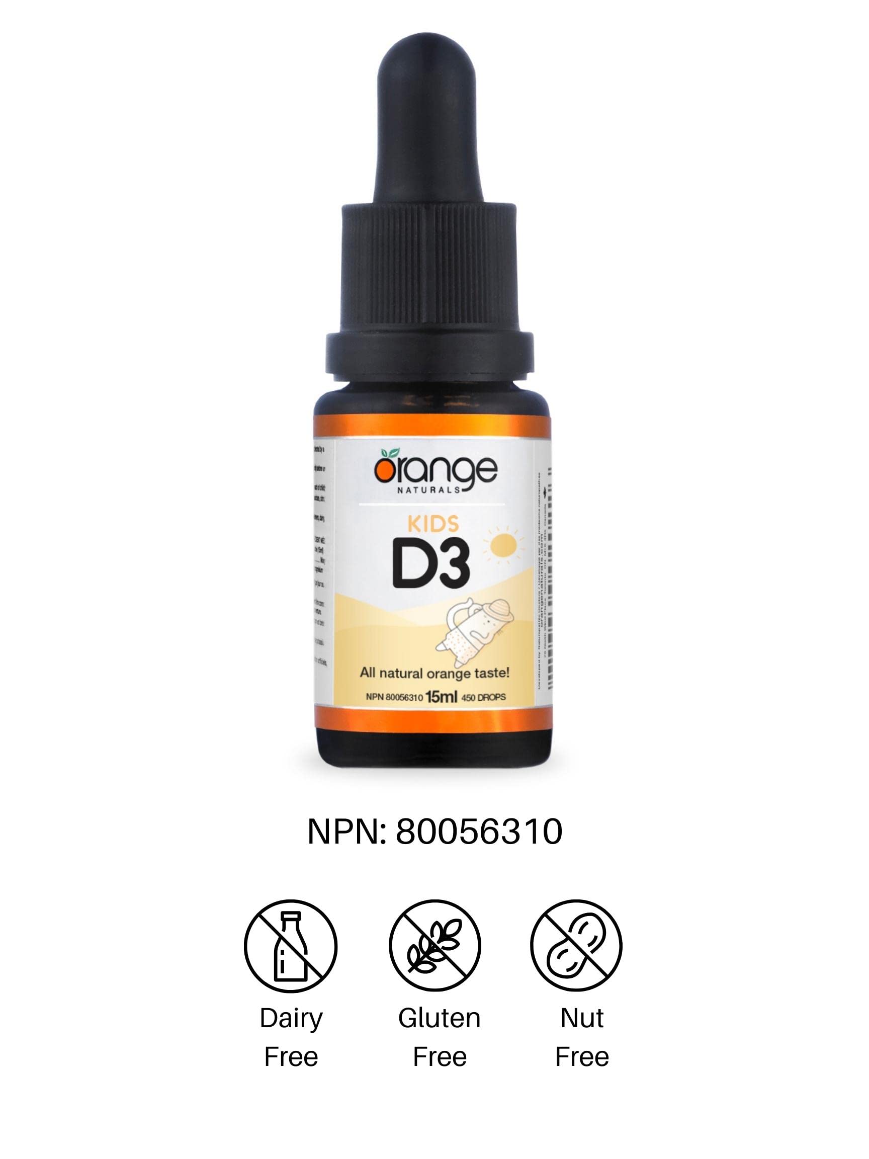 Orange Naturals - Kids Vitamin D3 Drops 400IU Liquid, 15ml 450-Servings - Natural Orange Flavour - Cholecalciferol Vitamin D3 Liquid Drops for Kids - Bone Health, Teeth Health & Immune System Support