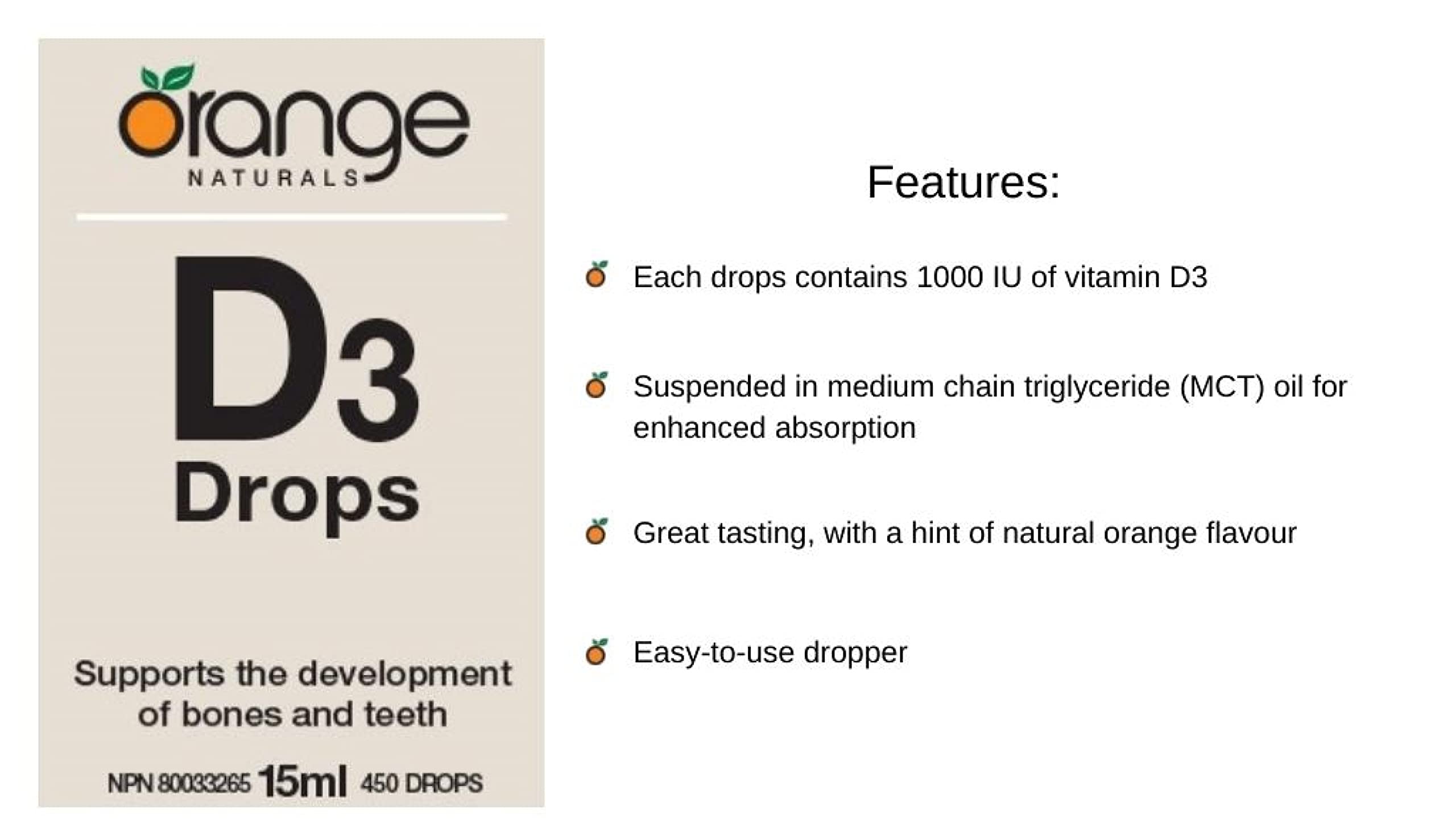 Orange Naturals Vitamin D3 Drops 1000IU 15ml, Natural Orange Flavour with MCT Base, 450 Servings, Daily Vitamin D Supplement for Strong Bone, Healthy Teeth & Active Living, Easy-to-Take Liquid Formula