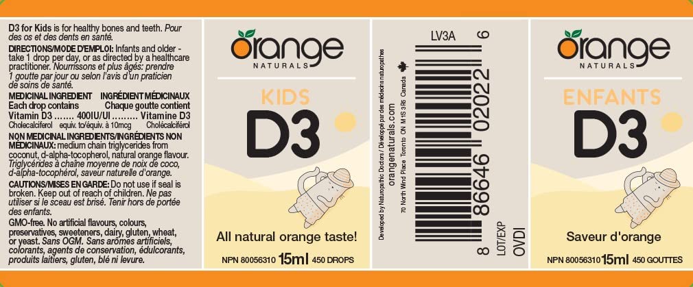 Orange Naturals - Kids Vitamin D3 Drops 400IU Liquid, 15ml 450-Servings - Natural Orange Flavour - Cholecalciferol Vitamin D3 Liquid Drops for Kids - Bone Health, Teeth Health & Immune System Support