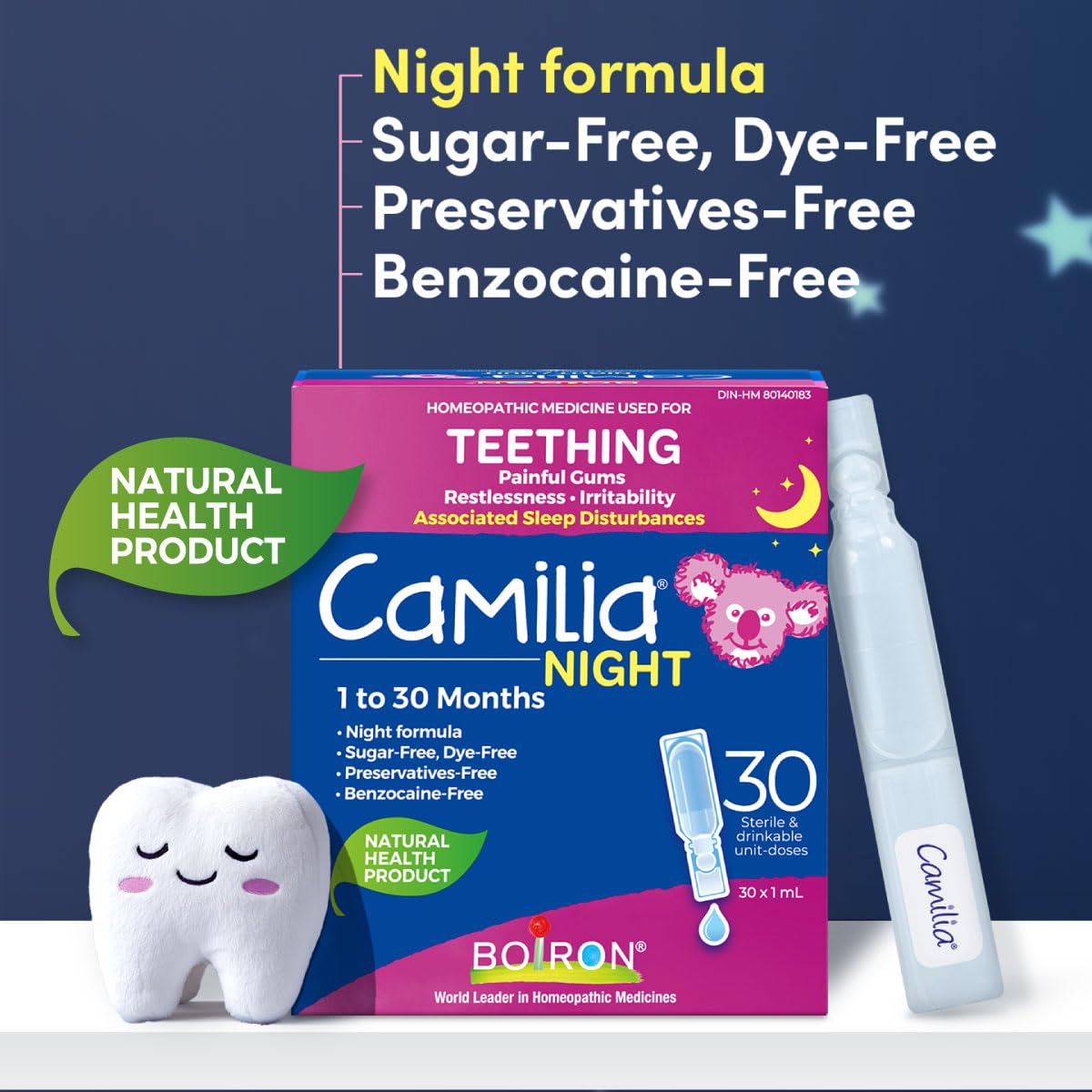 NEW Boiron Camilia Night 30 unit-doses. Homeopathic medicine used to relieve pain, restlessness, irritability due to teething, and associated sleep disturbances. From 1 to 30 months.