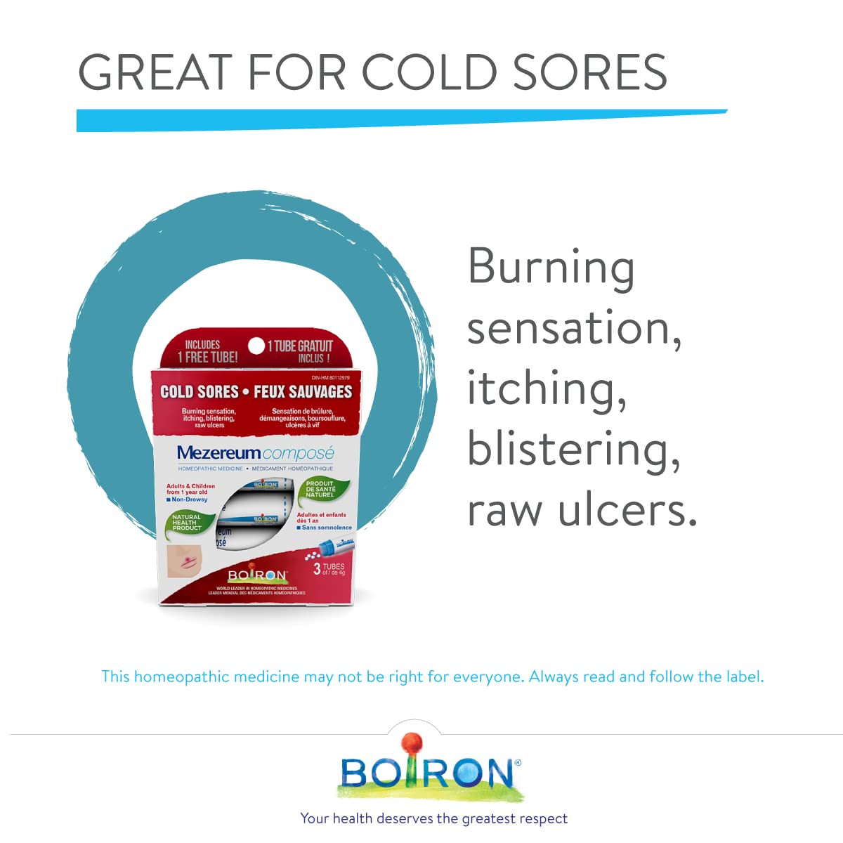 Boiron Mezereum Compose, Homeopathic medicine for the relief of cold sores. 3 Tubes