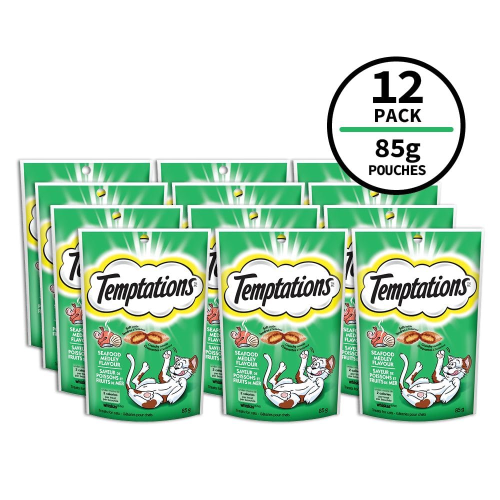 TEMPTATIONS Cat Treats, Seafood Medley Flavour, 85g (12 Pack)