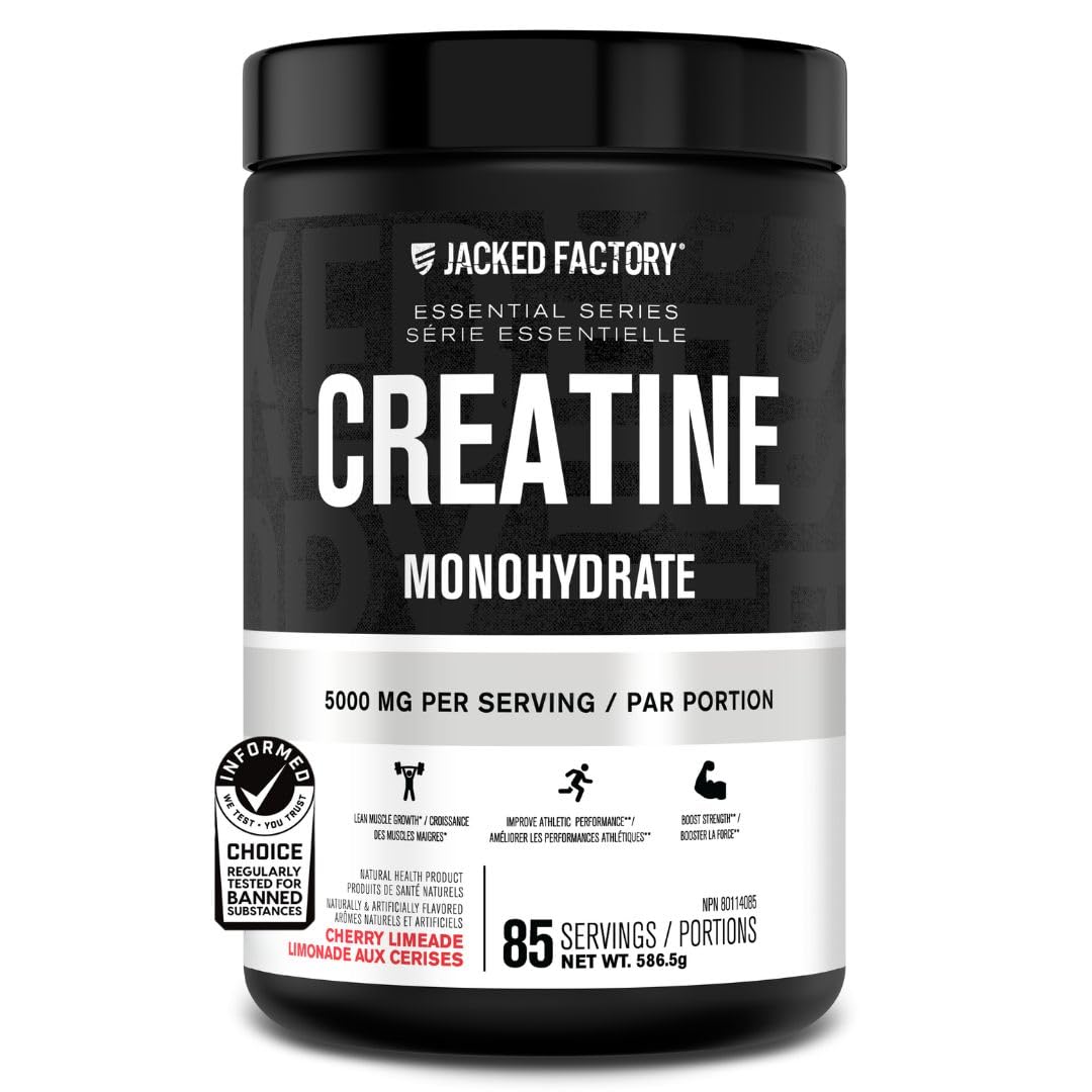 Jacked Factory Creatine Monohydrate Powder 586.5g - Canadian-Owned Informed Choice Certified Supplement for Increased Muscle Mass, Improved Strength, and Performance* - 85 Servings, Cherry Limeade