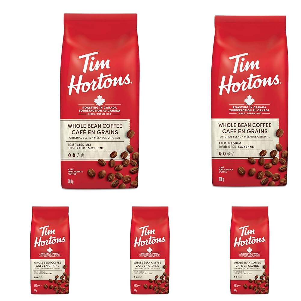 Tim Hortons Original Coffee, Whole Bean Bag, Medium Roast, 300g (Pack of 5)