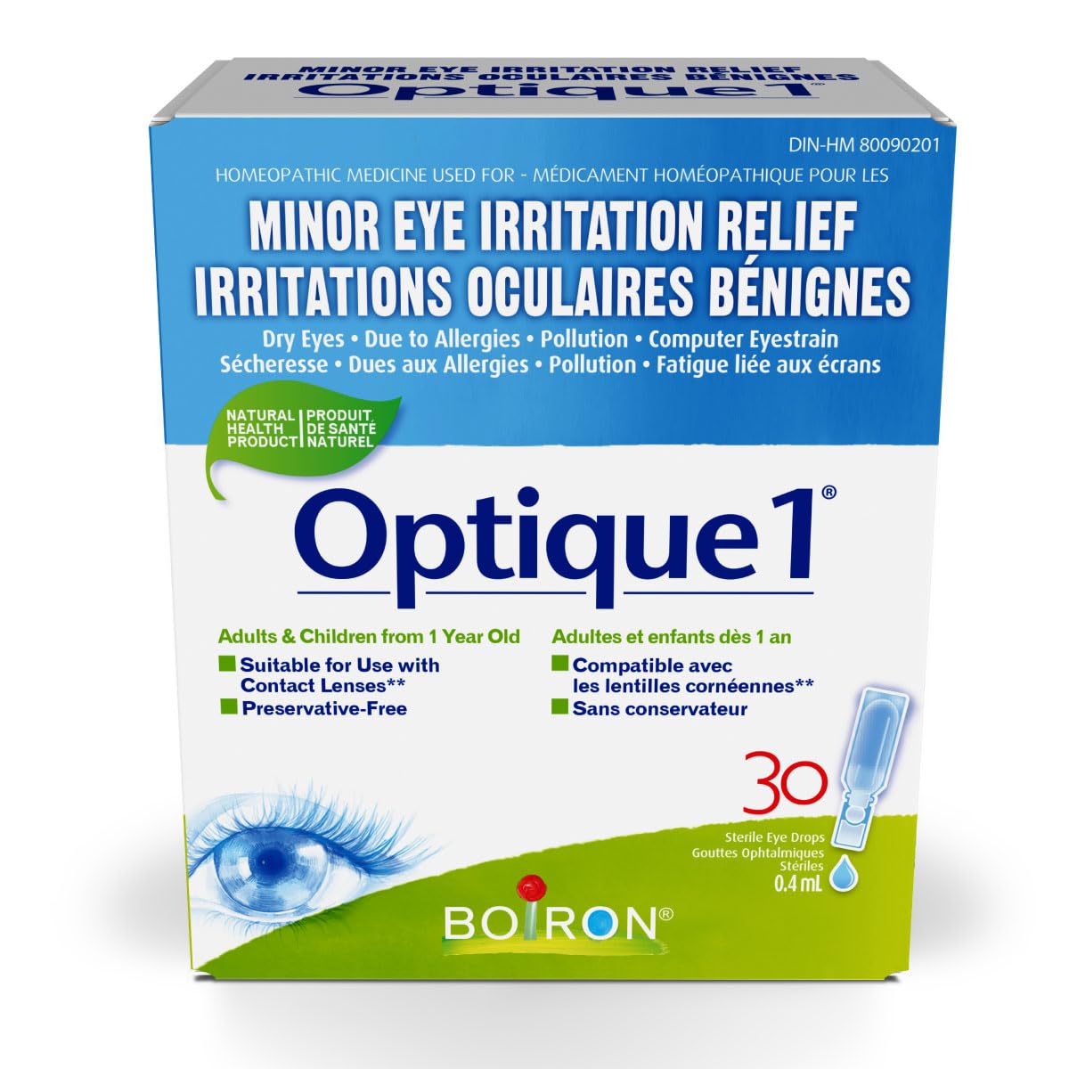 Boiron Optique 1, Eye drops used to relieve minor eye irritations such as dry, itchy or red burning eyes due to allergies or computer eye strain. 30 unit-doses