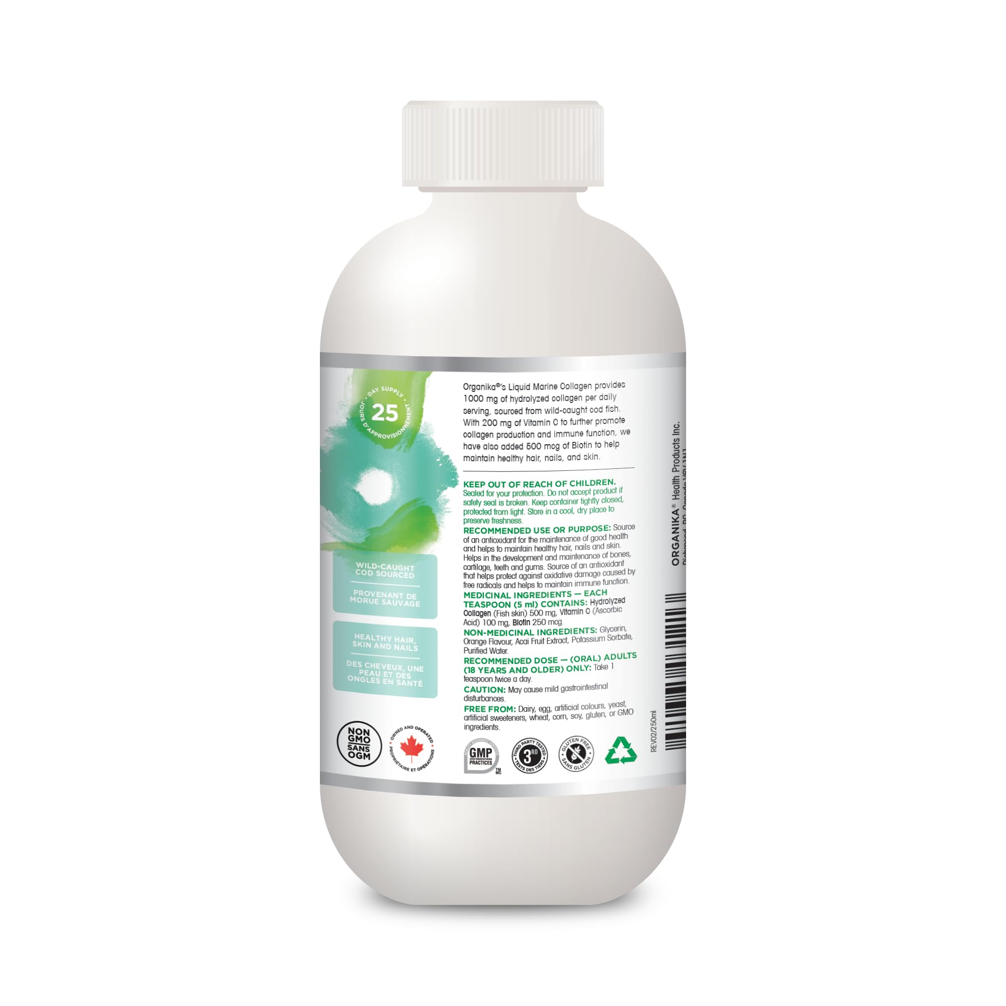 Organika Canadian-Made Liquid Marine Collagen - with Added Vitamin C and Biotin - Orange Flavour- 250ml