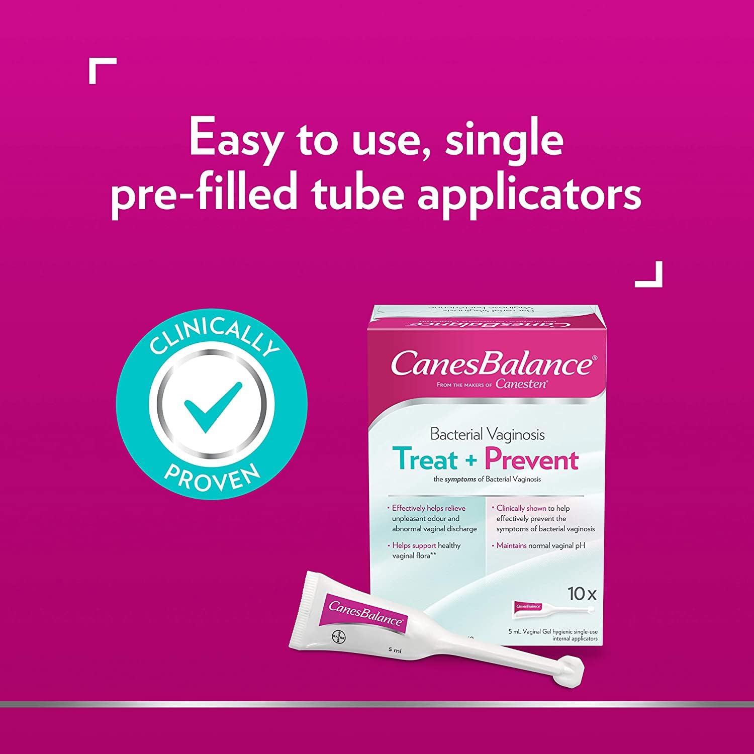 CanesBalance Bacterial Vaginosis Treatment and Prevention Gel - Treat And Prevent BV Symptoms, BV Treatment For Women, Relieves Vaginal Odor, Maintains Normal Vaginal pH, 10 Single-Use Applicators