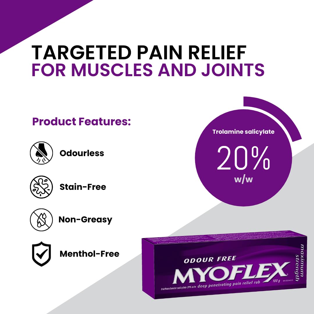 Myoflex Pain Relief Rub | Odourless | Provides Deep Penetrating Relief of Muscle Soreness & Joint Pain | Menthol Free | Stain Free | Non-Greasy | Great For Ages 2+ | 100 grams (Maximum Strength)