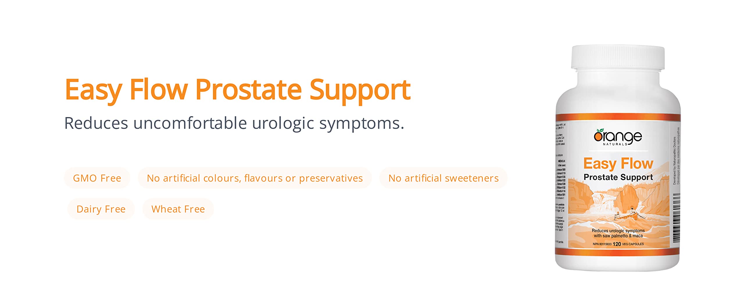 Orange Naturals - Easy Flow Prostate Support with Saw Palmetto & Maca, 120 Caps 30-Day Supply - Prostate Bladder Supplement - Helps Relief Weak Urine Flow, Incomplete Voiding, and Frequent Urination