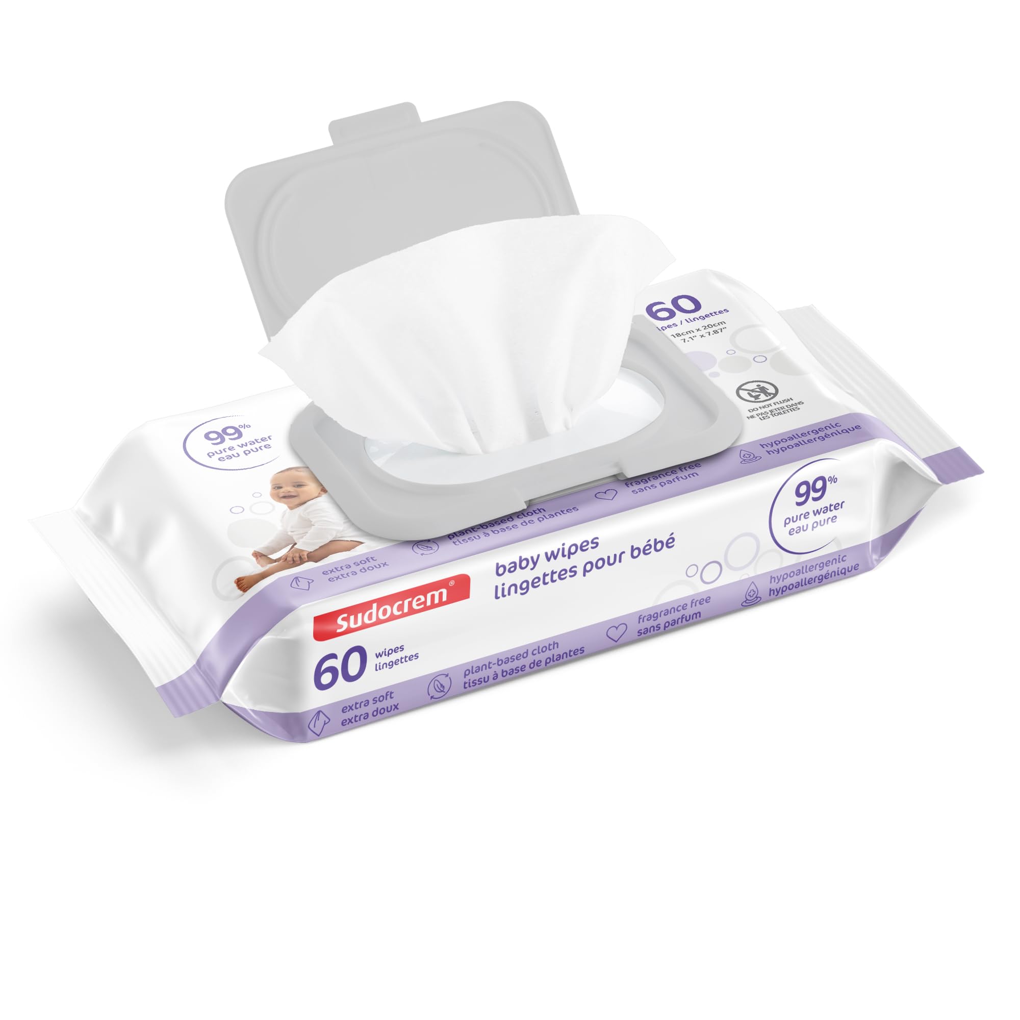 Sudocrem Pure Water Wipes 60 Count - Unscented, Hypoallergenic, Plant-Based Baby Wipes, 99% Water - Extra Strong and Ultra Soft (Pack of 2)