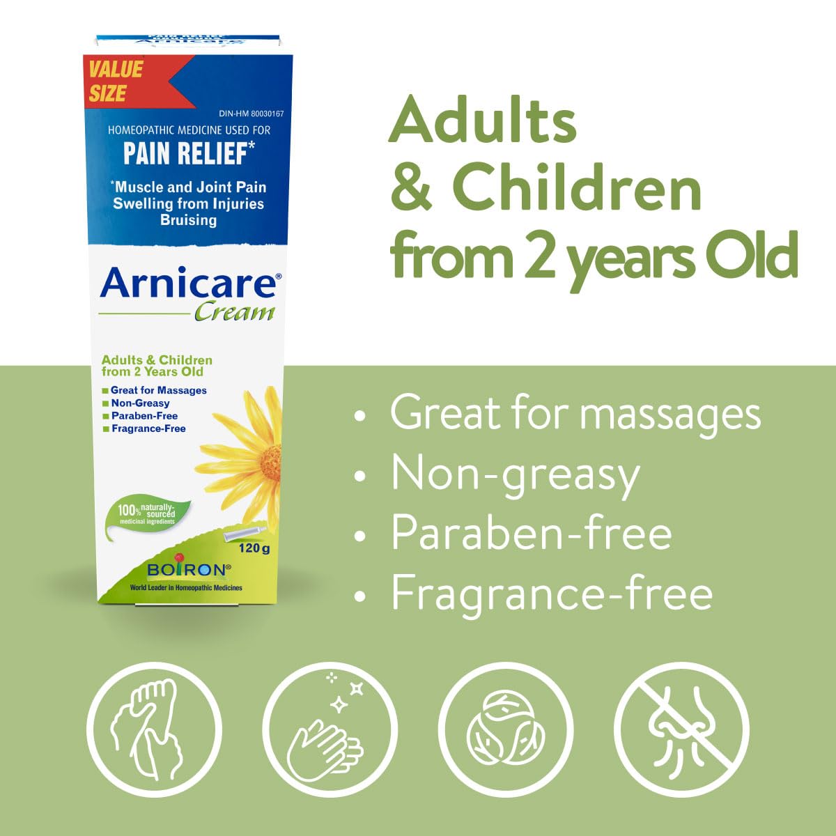 Boiron Arnicare Cream 120g, for the relief of muscle and joint pain. Eases resorption of bruises, contusions, and infl ammatory oedema caused by falls, blows, blunt injury or surgery. Adults and children from 2 years old.