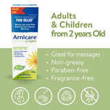 Boiron Arnicare Cream 120g, for the relief of muscle and joint pain. Eases resorption of bruises, contusions, and infl ammatory oedema caused by falls, blows, blunt injury or surgery. Adults and children from 2 years old.