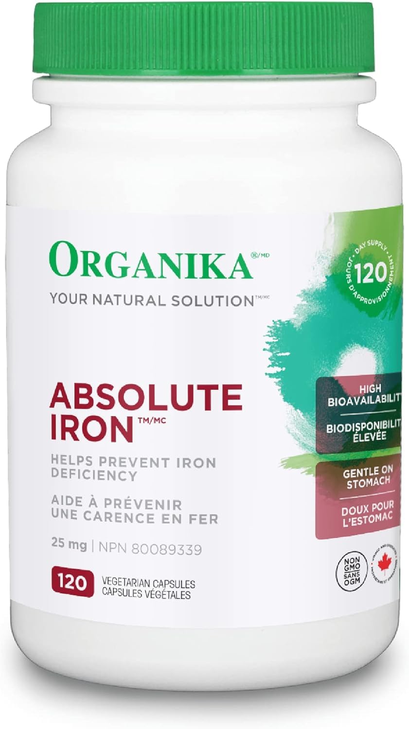 Organika Absolute Iron- Iron Bisglycinate & Magnesium Bisglycinate - 200mg, High Absorption, Muscle Recovery, Heart Support, 120vcaps