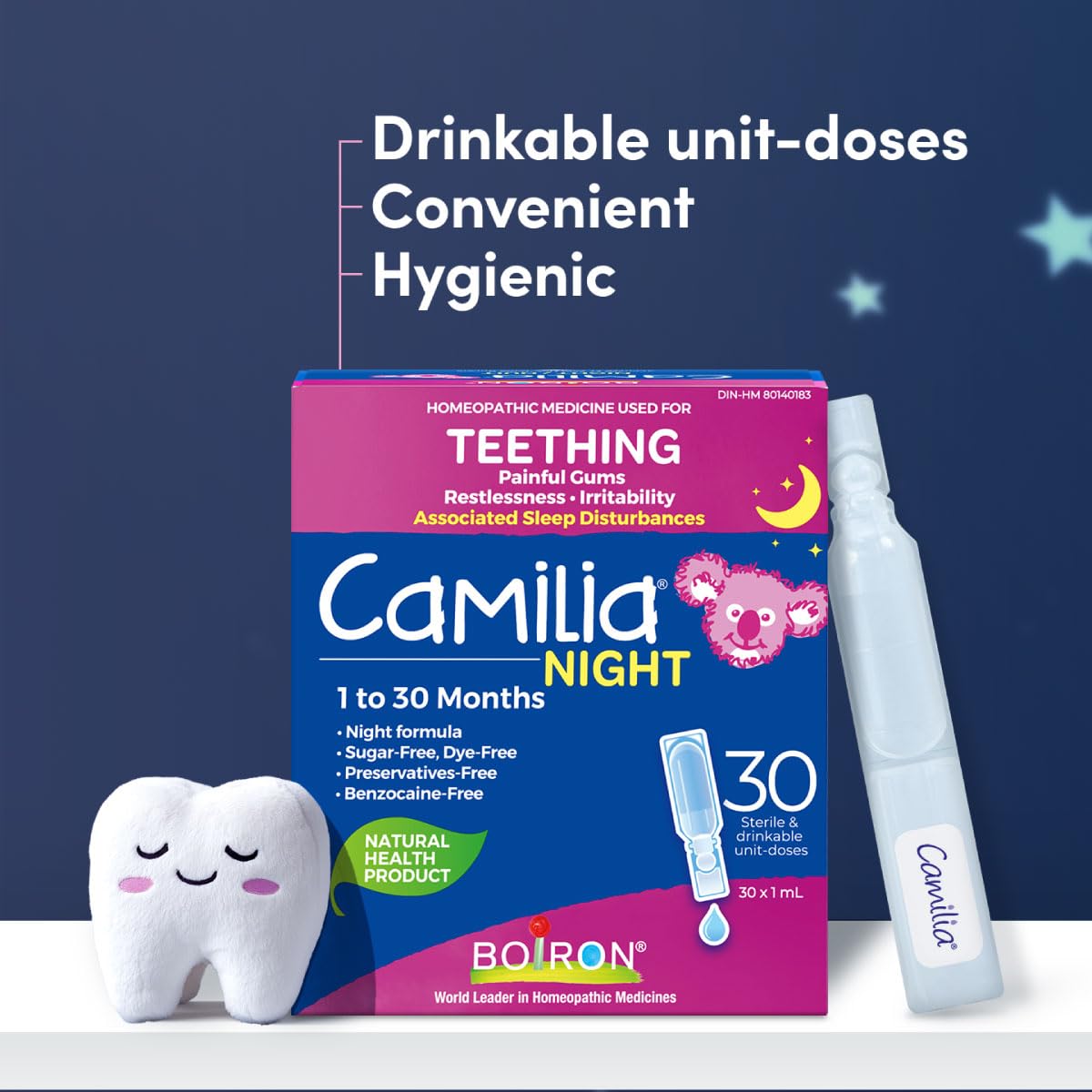 NEW Boiron Camilia Night 30 unit-doses. Homeopathic medicine used to relieve pain, restlessness, irritability due to teething, and associated sleep disturbances. From 1 to 30 months.