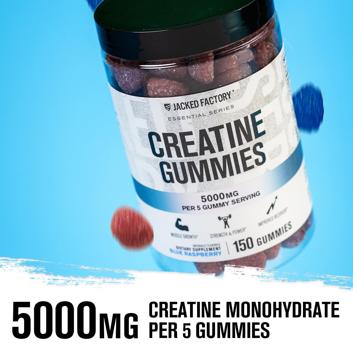 Jacked Factory Creatine Gummies 5g Daily Dose (1g per Gummy) - Creatine Monohydrate Gummy for Men and Women, Vegan-Friendly, Travel-Friendly, Third-Party Tested - 150 Gummies, Blue Raspberry