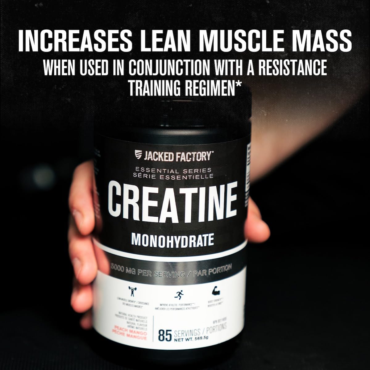 Jacked Factory Creatine Monohydrate Powder 569.5g - Canadian-Owned Informed Choice Certified Supplement for Increased Muscle Mass, Improved Strength, Power, and Performance* - 85 Servings, Peach Mango