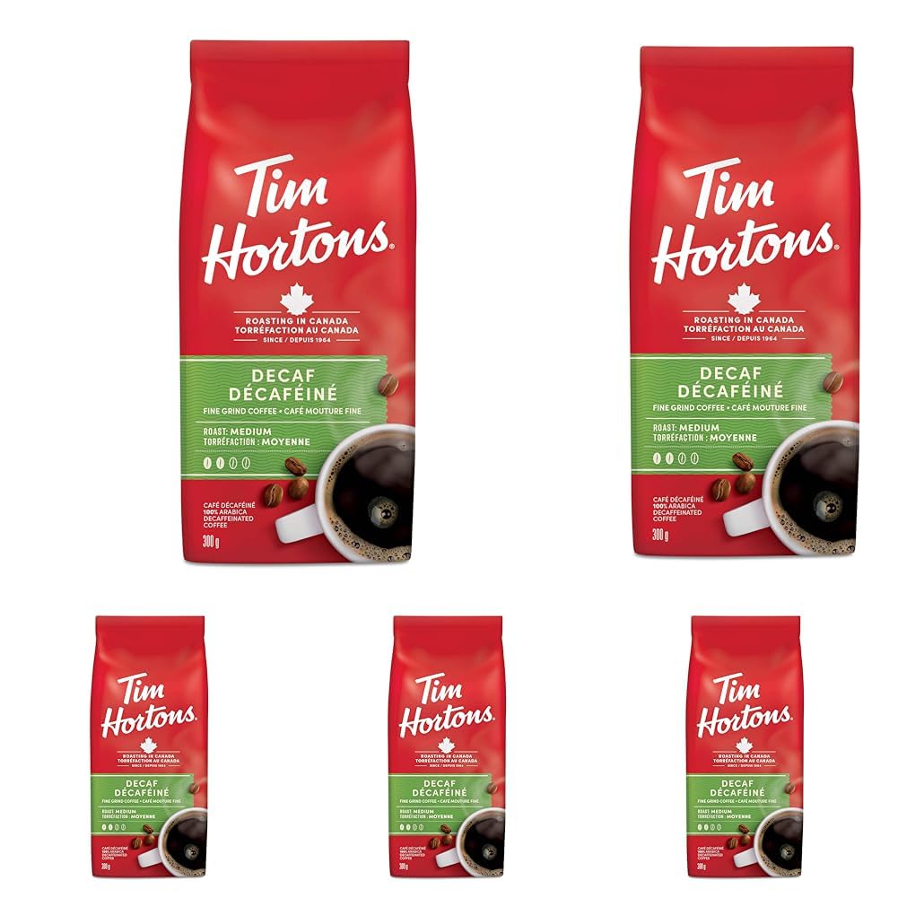 Tim Hortons Decaf Coffee, Fine Grind Bag, Medium Roast, 300g (Pack of 5)