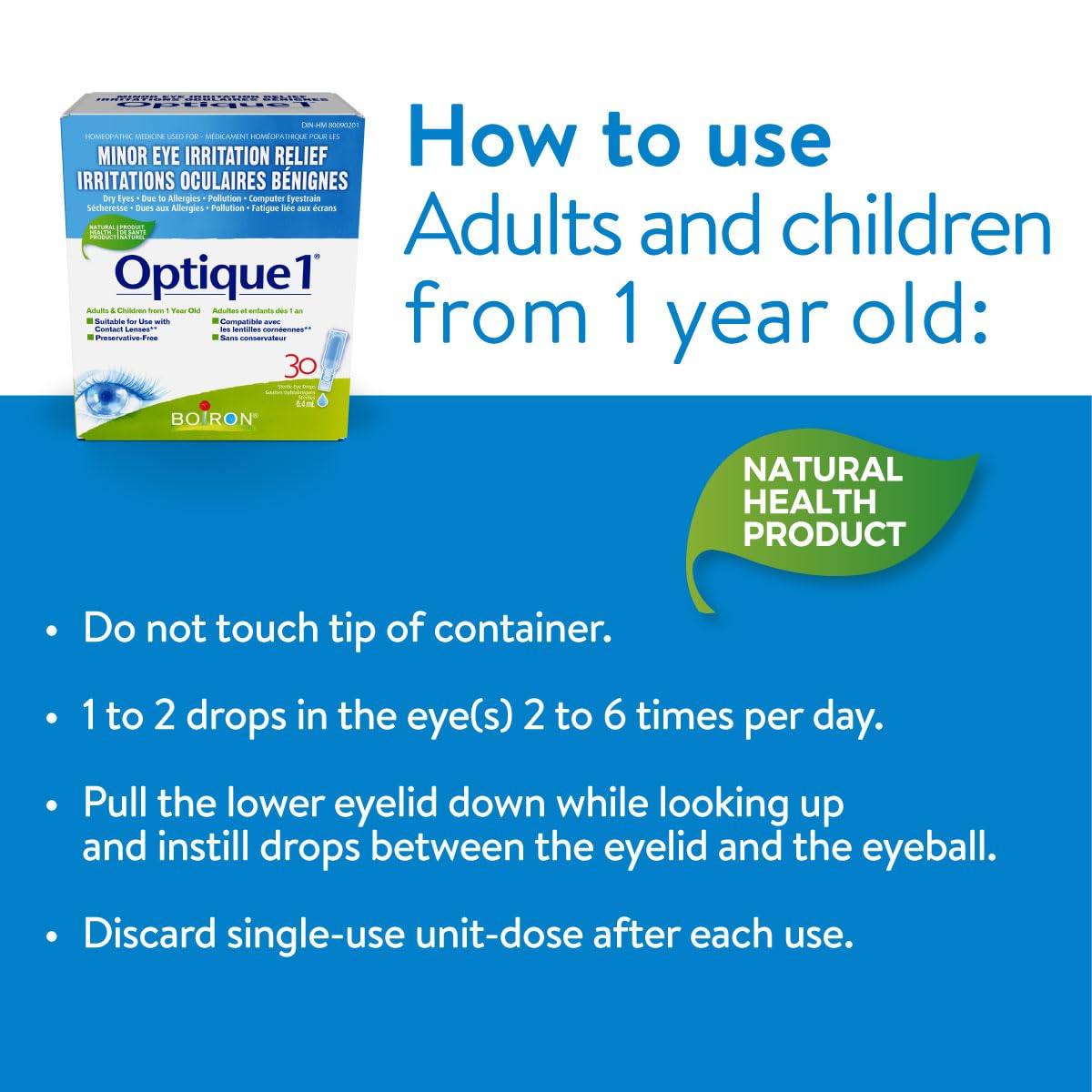 Boiron Optique 1, Eye drops used to relieve minor eye irritations such as dry, itchy or red burning eyes due to allergies or computer eye strain. 30 unit-doses