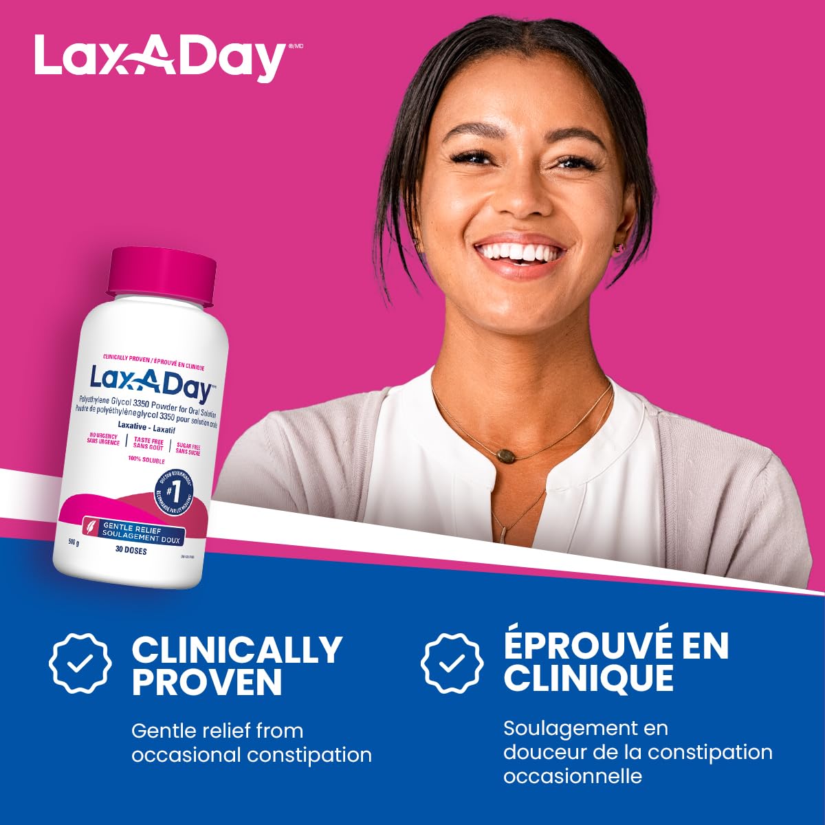 LAX-A-Day Powder Laxative - No Taste, No Grit, No Sugar - Clinically Proven Relief of Occasional Constipation (60 Doses, 1020g)