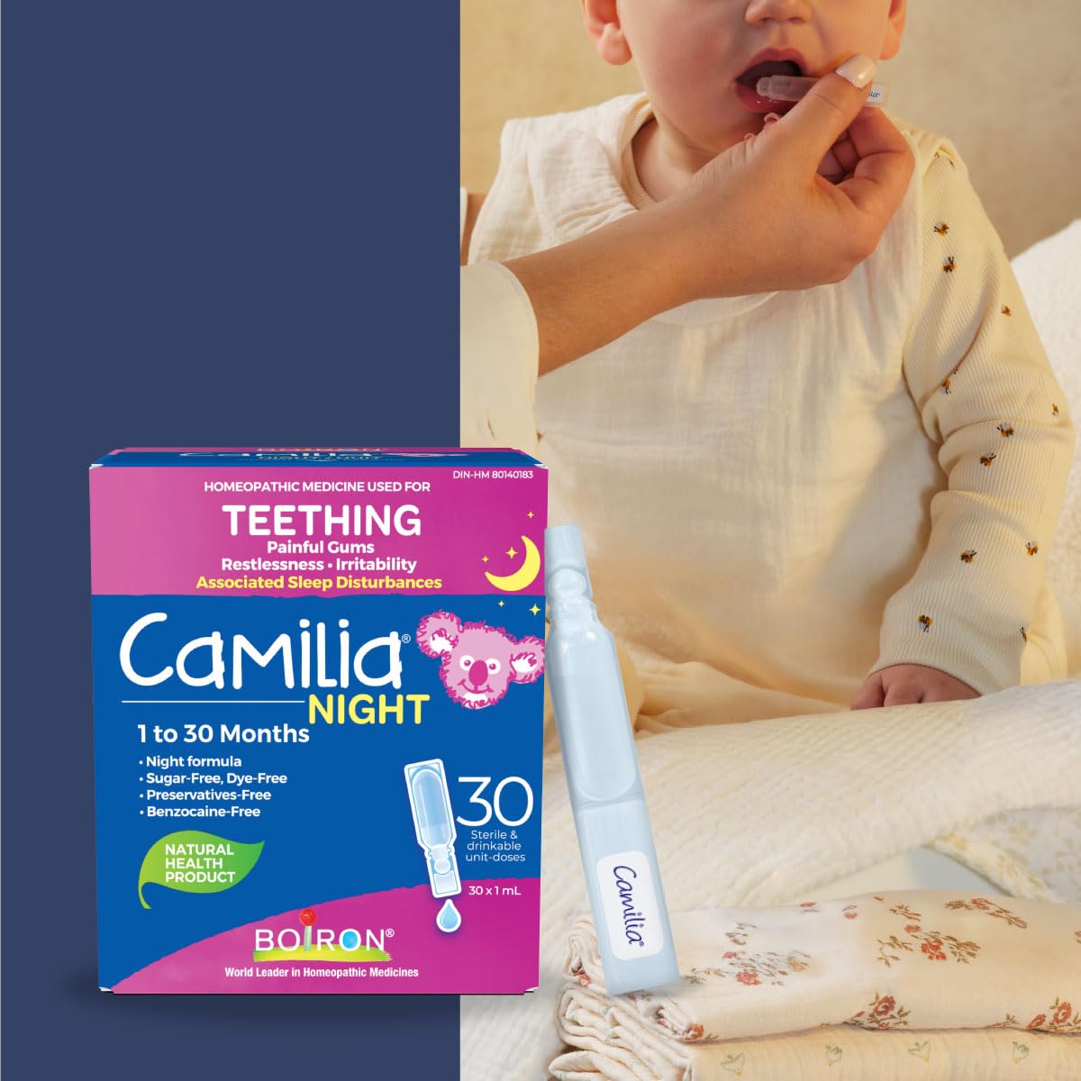 NEW Boiron Camilia Night 30 unit-doses. Homeopathic medicine used to relieve pain, restlessness, irritability due to teething, and associated sleep disturbances. From 1 to 30 months.