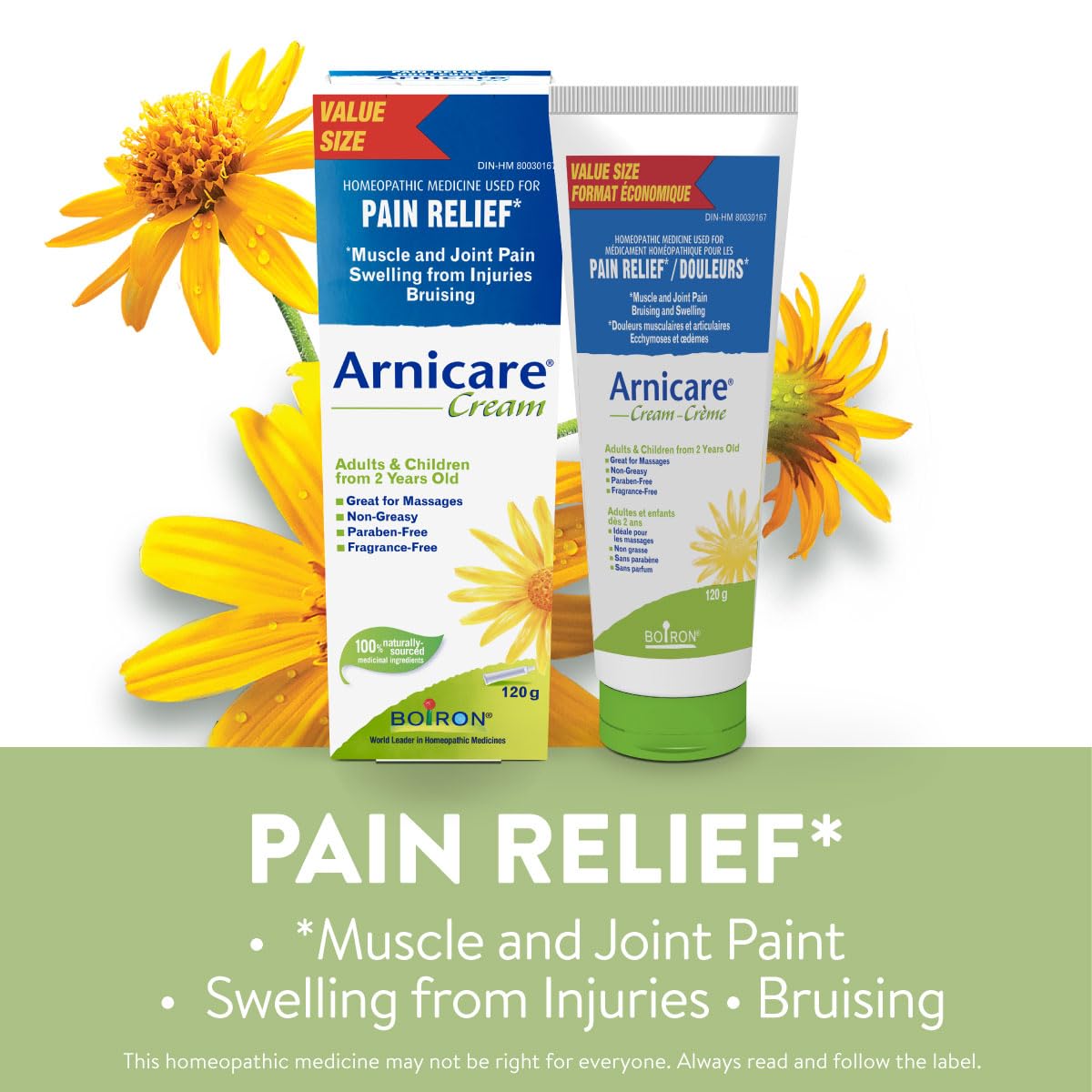 Boiron Arnicare Cream 120g, for the relief of muscle and joint pain. Eases resorption of bruises, contusions, and infl ammatory oedema caused by falls, blows, blunt injury or surgery. Adults and children from 2 years old.