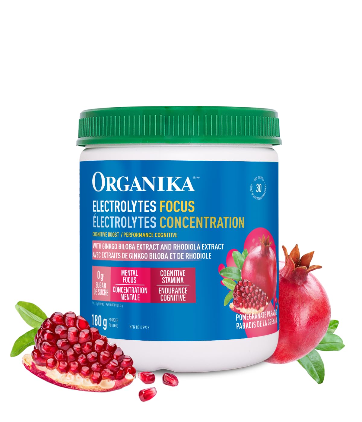 Organika Electrolytes Focus - Pomegranate Flavor Electrolytes Powder for Enhanced Concentration, Focus and Cognitive Stamina - Sugar, Coffee-Free Hydration - 180g - 30 servings