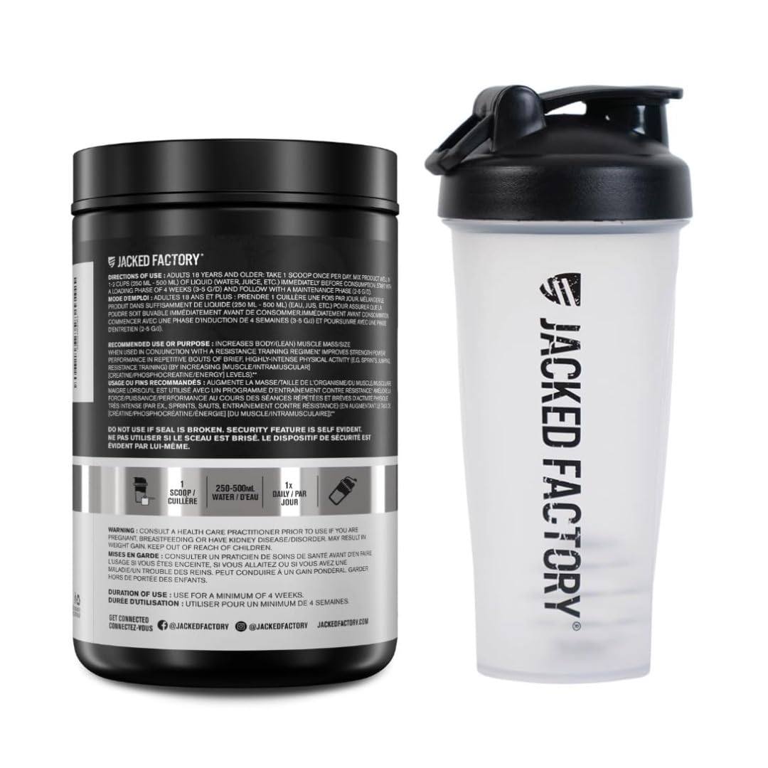 Jacked Factory Creatine Monohydrate 425g + Shaker Bottle Bundle - Informed Choice Certified Supplement for Increased Muscle Mass*, Improved Strength, Power, & Performance** - 85 Servings, Unflavored