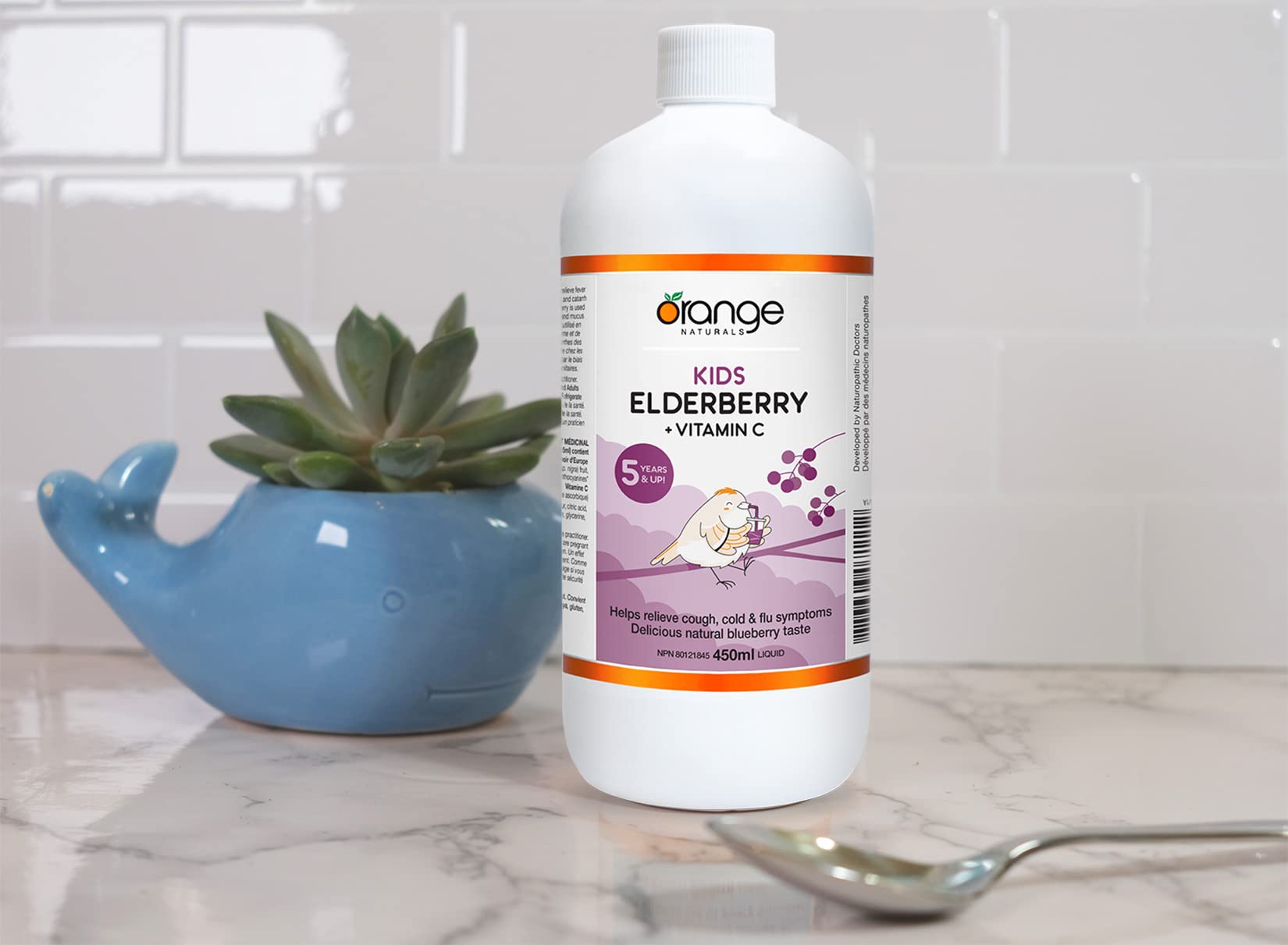 Orange Naturals Kids Elderberry + Vitamin C Syrup 450ml 90-Servings - Blueberry Taste, Organic Kids Vitamin, Support Antioxidant Defense, Comfort During Seasonal Changes, Aids During Cold & Flu Season
