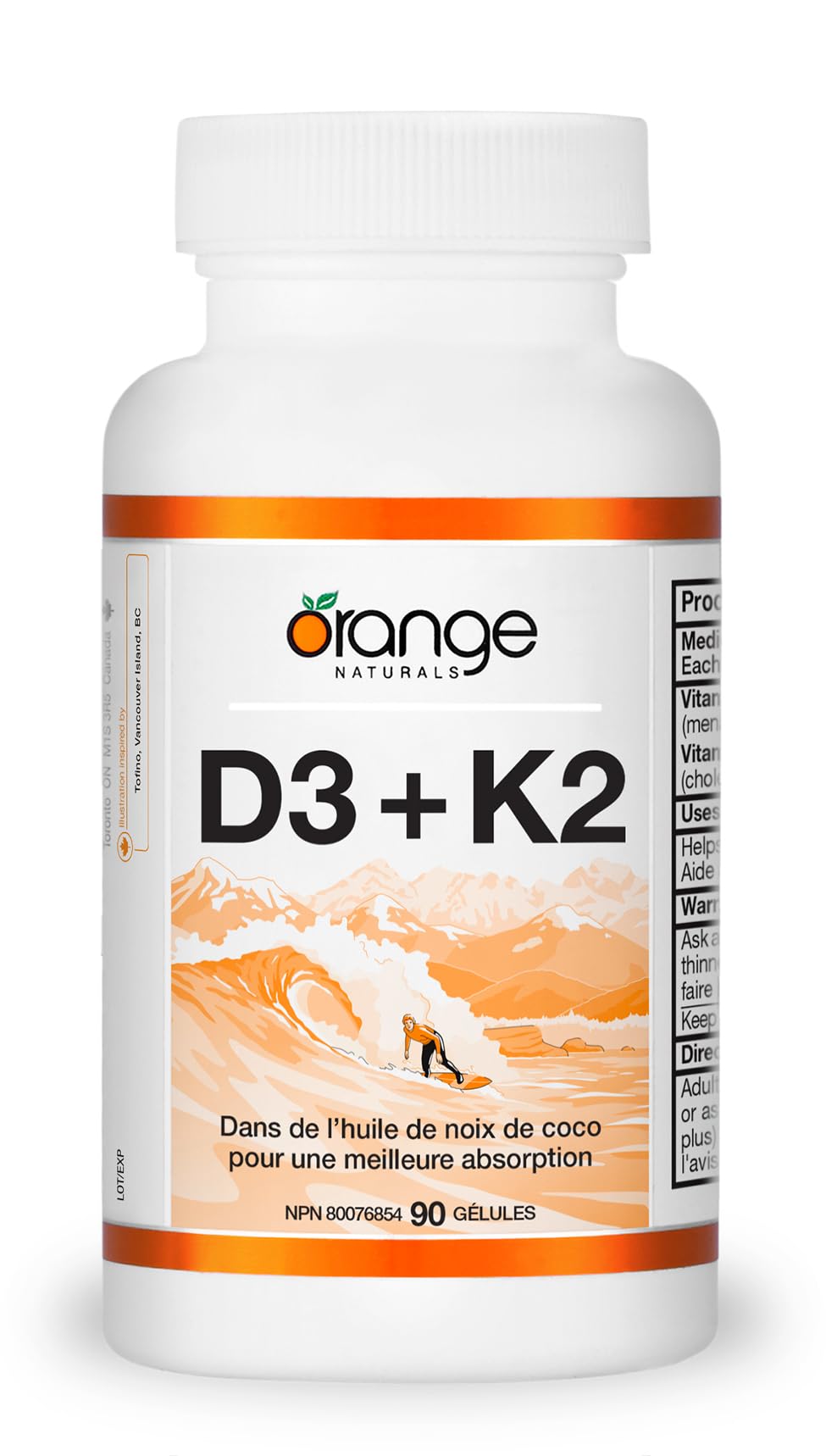 Orange Naturals - Vitamin D3+K2 with Organic Coconut Oil, 90 Softgels 90-Day Supply - Support Bone and Teeth Health, Maintain Muscle, Enhanced Absorption and Prevent D Deficiency Cholecalciferol