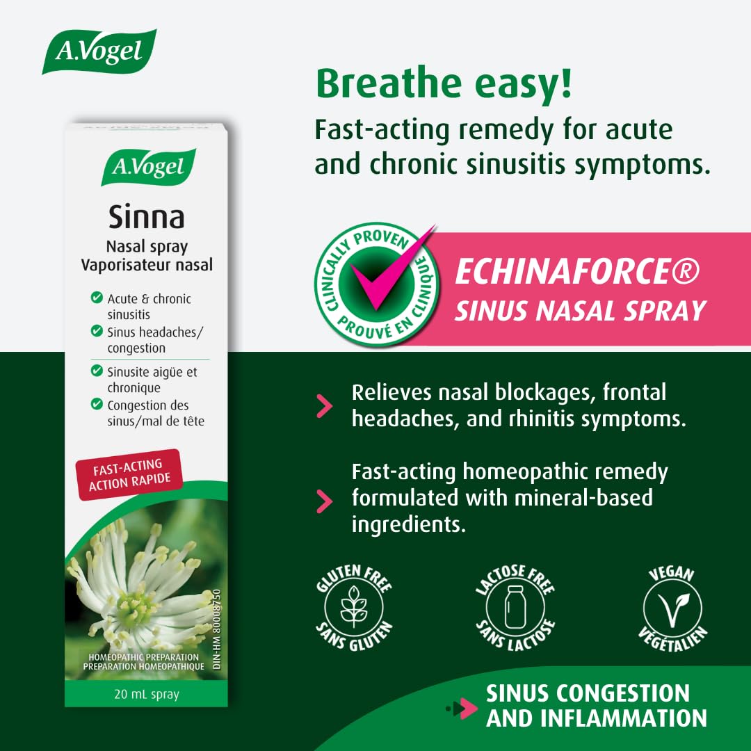 A.Vogel Sinna Nasal Spray - Acute and Chronic Sinusitis Relief - Sinus Congestion and Inflammation Treatment - Homeopathic Remedy - Non-Drowsy - Ages 1+ - 20mL
