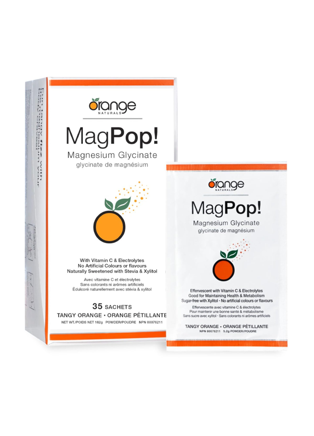 Orange Naturals - MagPop! Effervescent Magnesium Glycinate Drink Powder with Vitamin C, 35 Sachets 35-Day Supply - Electrolyte Balance, Support Sleep, Relaxation & Muscle Function, Bone & Teeth Health